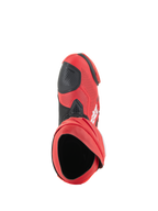 Alpinestars Supertech R Vented-stövlar, racingstövlar, klarröda och röd fluo, vy uppifrån som visar stövelöppningen, perforerad ovandel i mikrofiber med svart växelplatta, professionella racingstövlar för bana och väg