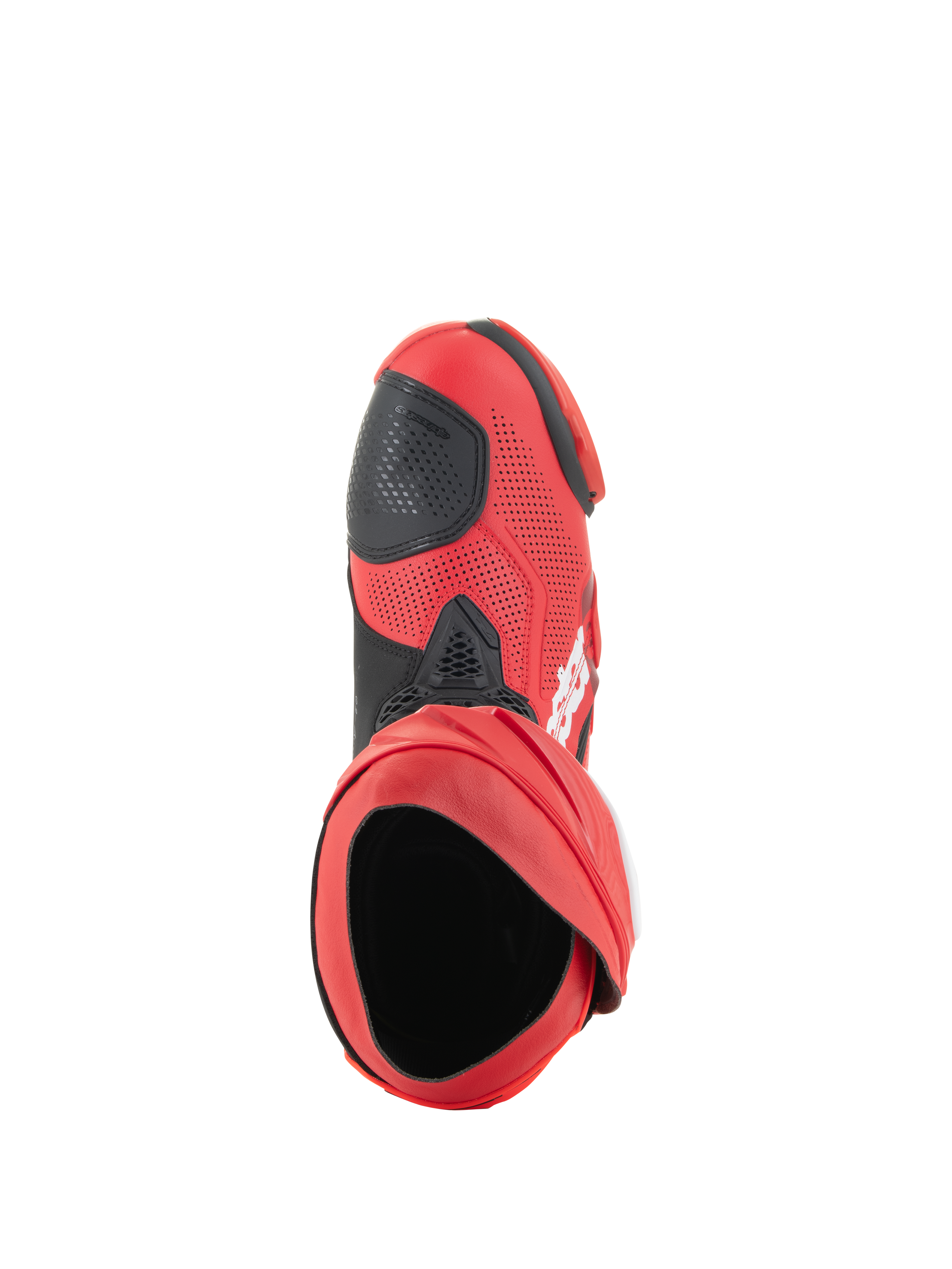 Alpinestars Supertech R Vented-stövlar, racingstövlar, klarröda och röd fluo, vy uppifrån som visar stövelöppningen, perforerad ovandel i mikrofiber med svart växelplatta, professionella racingstövlar för bana och väg
