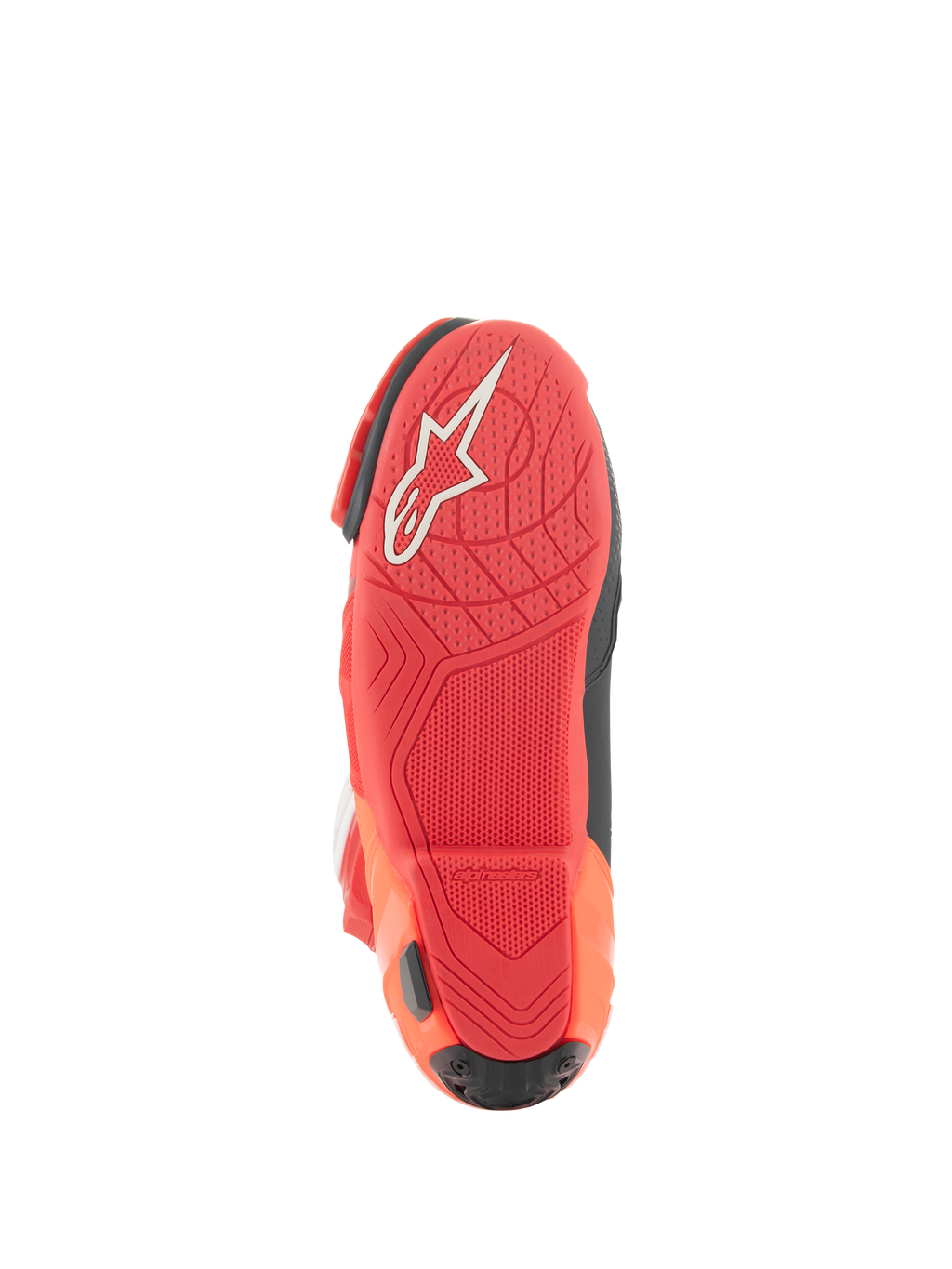 Alpinestars Supertech R Vented-stövlar, racingstövlar, klarröda och Red Fluo, vy av sulan med lätt gummiblandning, vit Alpinestars-logotyp och texturerat greppmönster för motorcykelns fotpinnar.