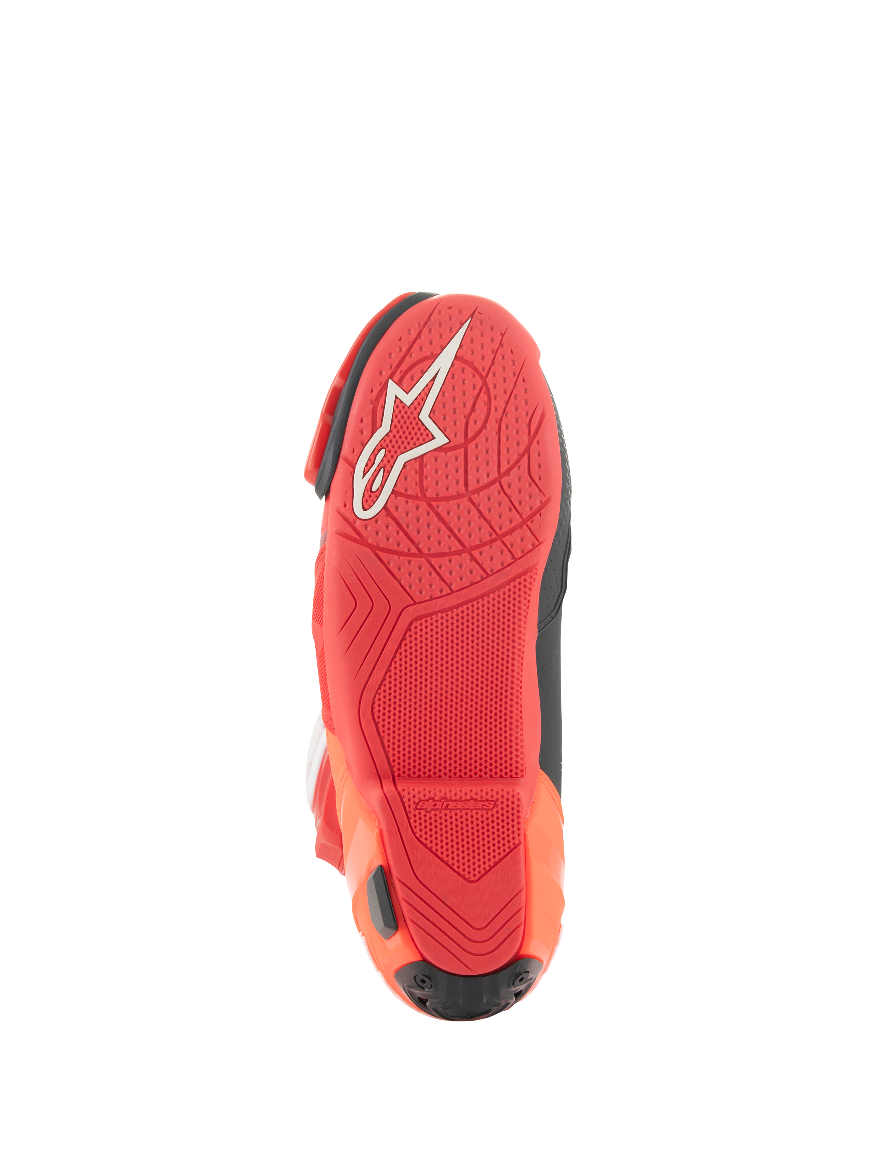 Alpinestars Supertech R Vented-stövlar, racingstövlar, klarröda och Red Fluo, vy av sulan med lätt gummiblandning, vit Alpinestars-logotyp och texturerat greppmönster för motorcykelns fotpinnar.