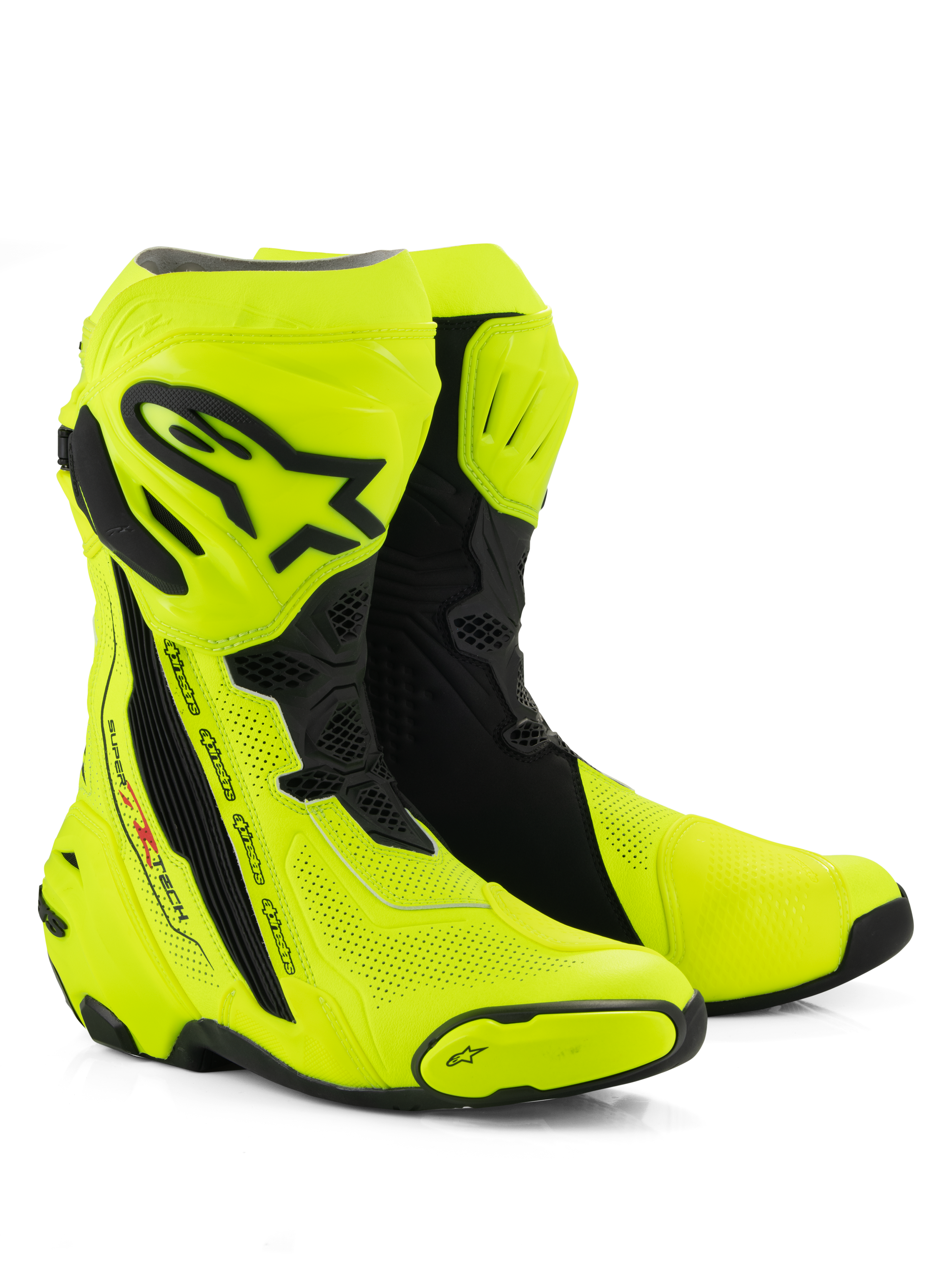 Alpinestars Supertech R Vented Boots, Racing Motorcycle Boots, Bright Yellow Fluo and Black, featuring extensive perforations for airflow, black TPU shin plate and heel protectors, and a sleek aerodynamic profile for high-performance track and road use.