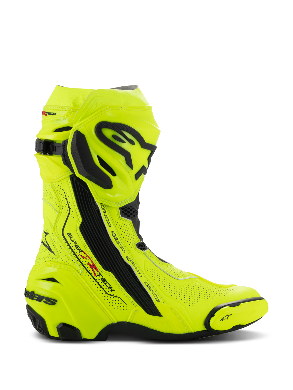 Alpinestars Supertech R Vented Boots, Motorcycle Racing Boots, Yellow Fluo and Black, laser-perforated microfiber upper for ventilation, TPU shin plate and replaceable toe slider, aerodynamic design with bold branding