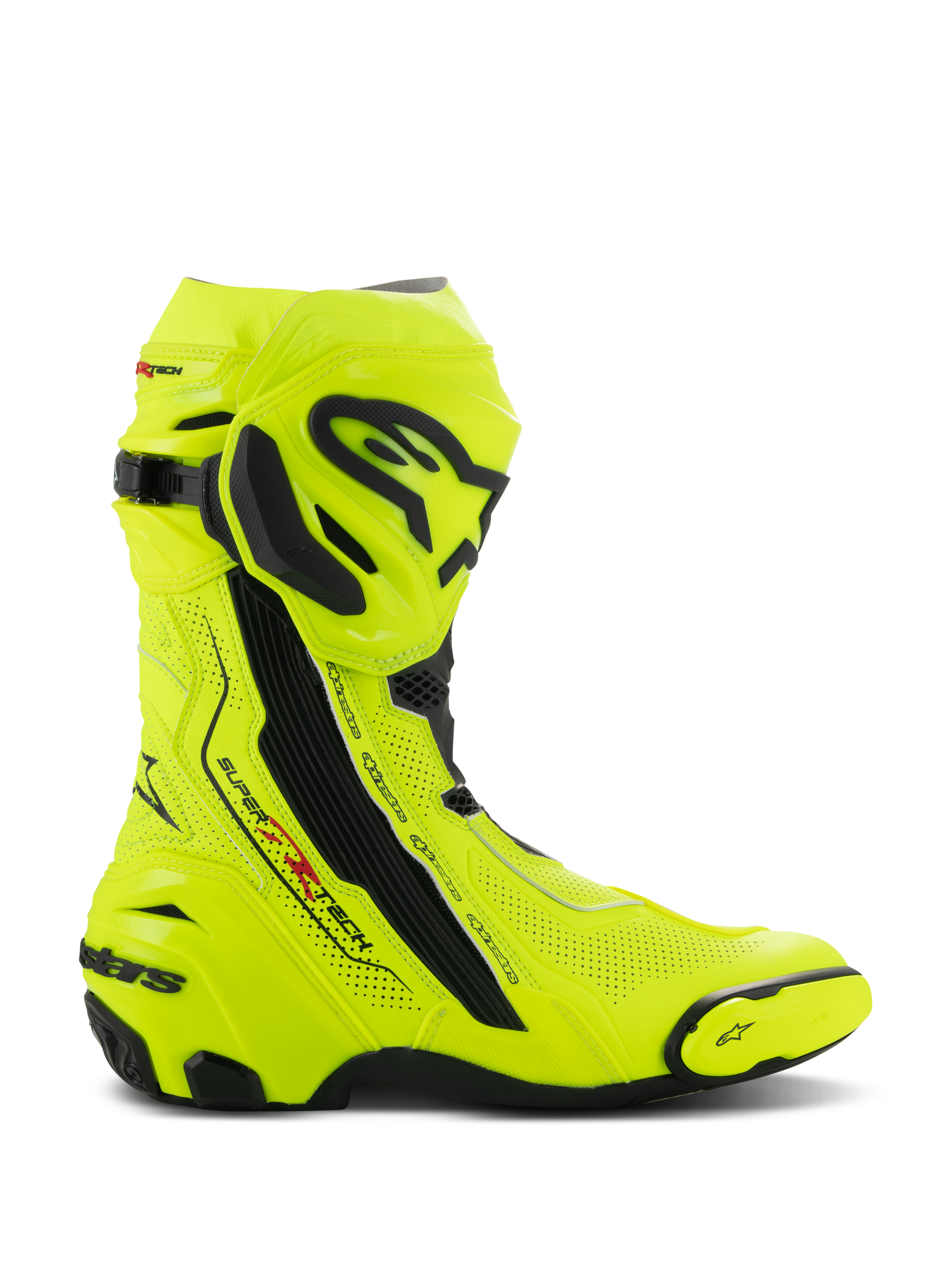 Alpinestars Supertech R Vented Boots, Motorcycle Racing Boots, Yellow Fluo and Black, laser-perforated microfiber upper for ventilation, TPU shin plate and replaceable toe slider, aerodynamic design with bold branding