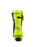 Alpinestars Supertech R Vented Boots, Rear view, Yellow Fluo and Black, featuring perforated microfiber construction, micro-adjustable ratchet closure at the top, and black Alpinestars branding on the heel, professional racing footwear