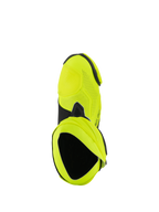 Alpinestars Supertech R Vented Boots, racing motorcycle boots, Yellow Fluo and Black, top-down view showing extensive laser perforations and internal bootie opening.