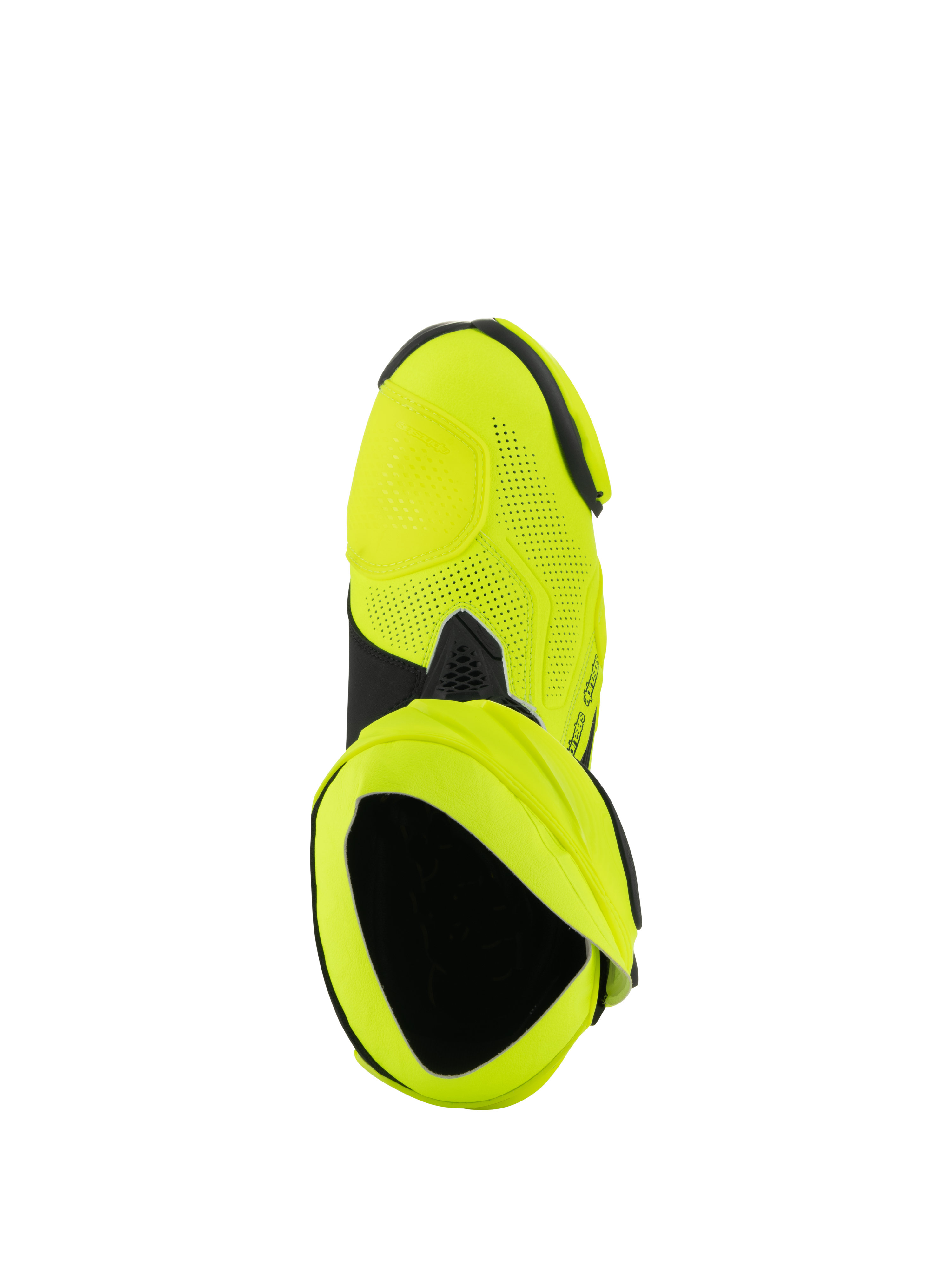 Alpinestars Supertech R Vented Boots, racing motorcycle boots, Yellow Fluo and Black, top-down view showing extensive laser perforations and internal bootie opening.