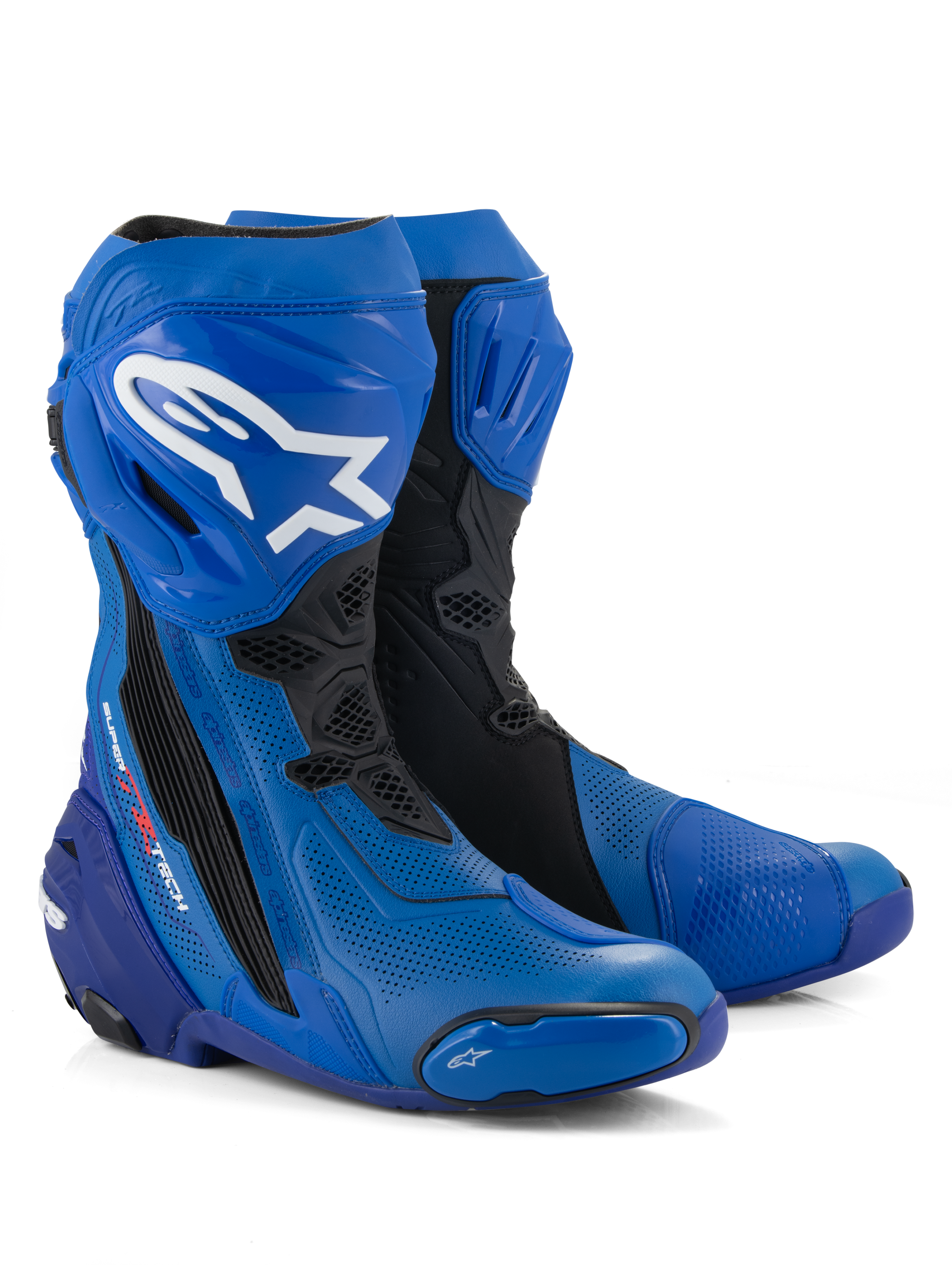 Alpinestars Supertech R Vented Boots, Motorcycle Racing Boots, Blue and Black, featuring perforated microfiber for airflow, white Alpinestars logo on the shin, protective TPU plates and sliders, professional track-ready design
