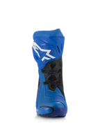 Alpinestars Supertech R Vented Boots, Blue and Black racing motorcycle boots, front view, perforated microfiber upper, white Astar logo on the shin plate, ventilated mesh panels and protective sliders.