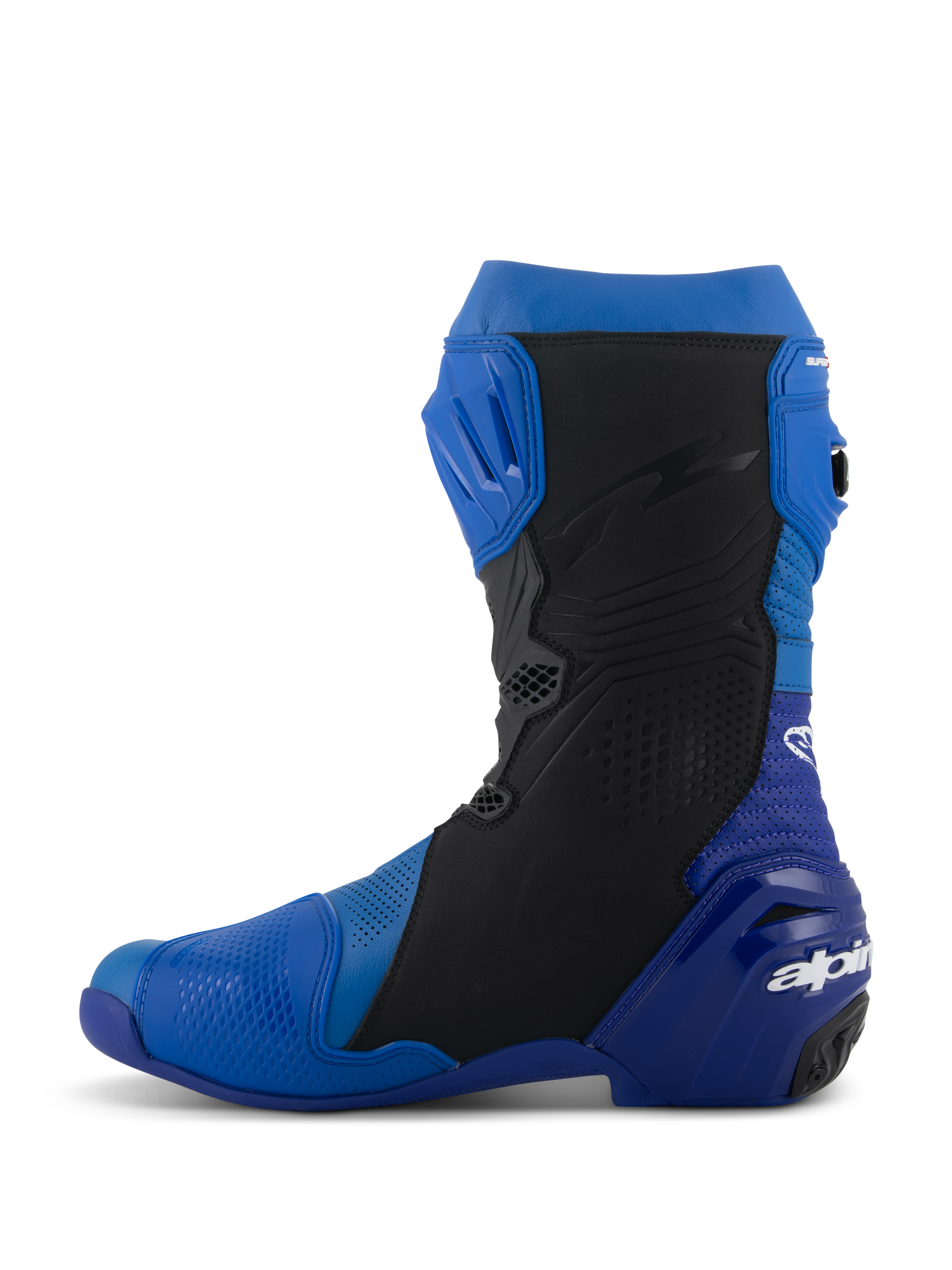 Alpinestars Supertech R Vented Boots, Blue and Black, side profile view, high-performance racing motorcycle boots with perforated microfiber for ventilation, TPU shin plate, and Alpinestars branding on the heel.