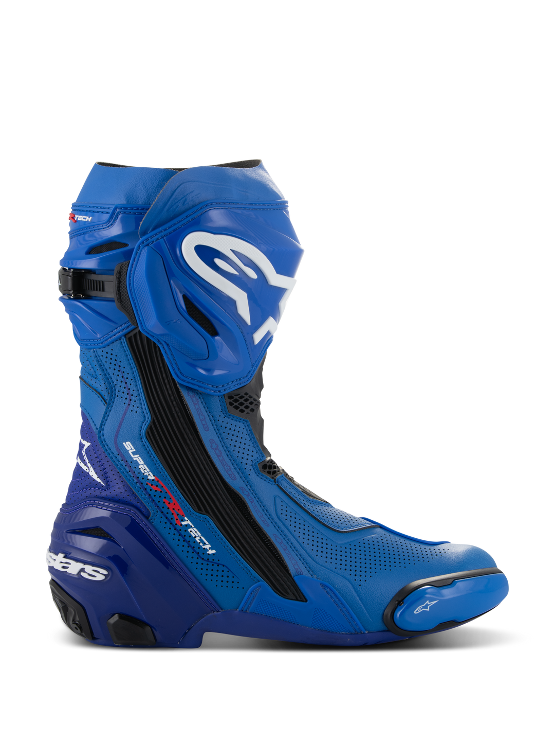 Alpinestars Supertech R Vented-stövlar, blå och svarta motorcykelracingstövlar, sidoprofil med vita logotyper, omfattande perforerade ventilationszoner, förstärkt häl och utbytbar tåslider.