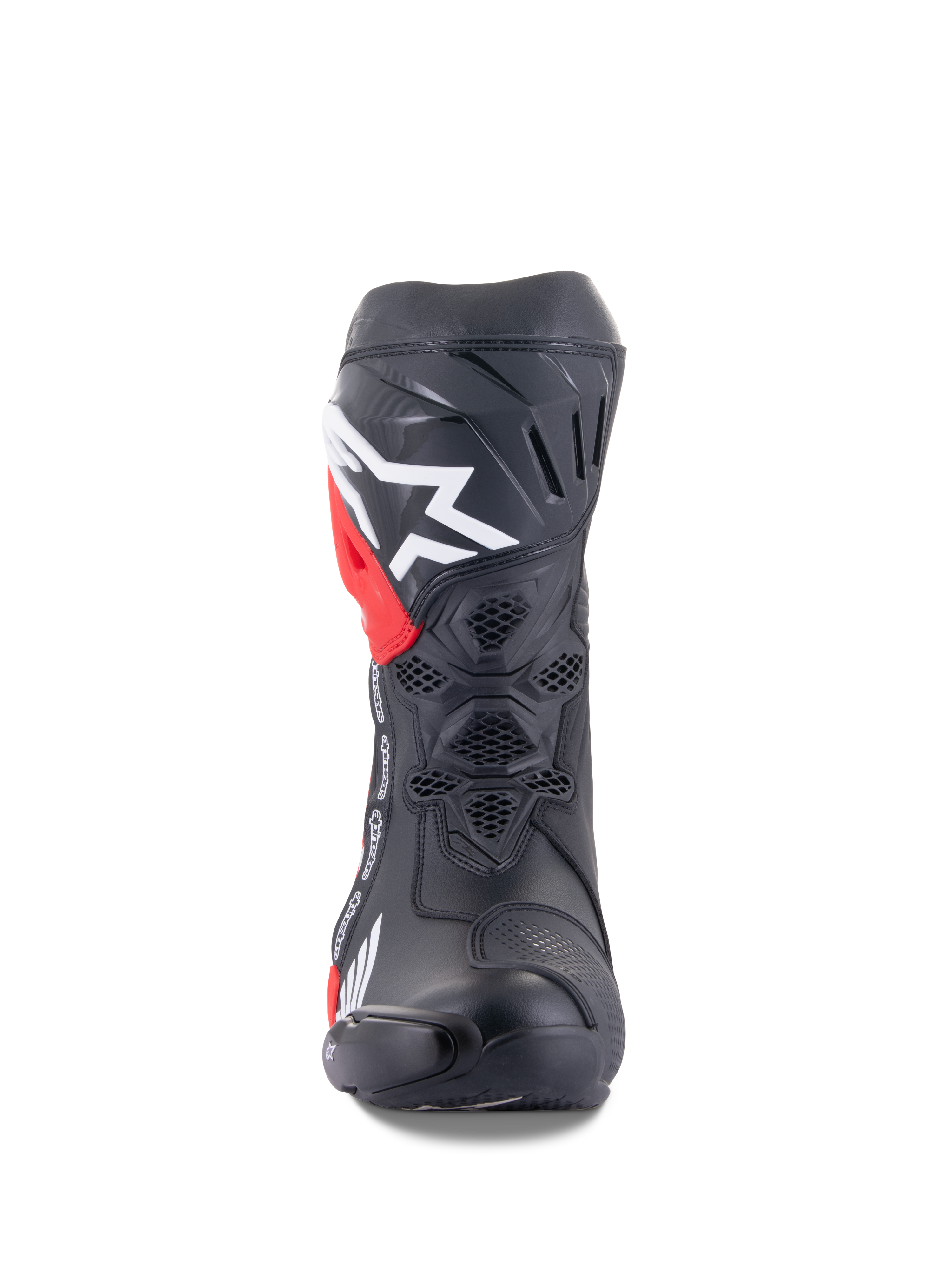 Alpinestars Honda Supertech R Boots, Motorcycle Racing Boots, Black with Red and White accents, front-facing view showing honeycomb mesh ventilation, large white logo on the shin, and high-performance microfiber construction.