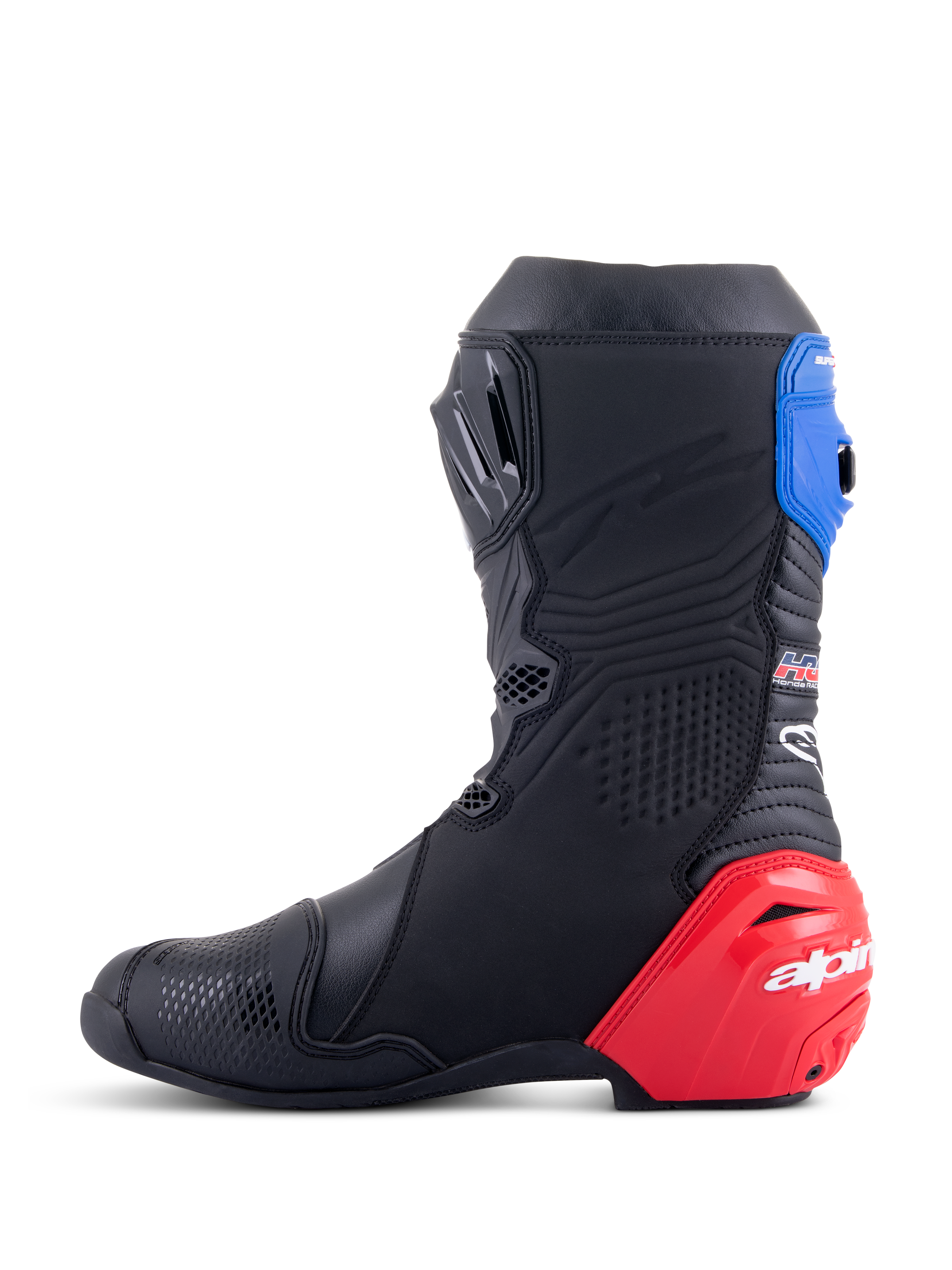 Alpinestars Honda Supertech R Boots, Racing Motorcycle Boots, Black with Bright Red and Blue accents, featuring a prominent red TPU heel slider, blue top gaiter, and Alpinestars branding, technical design for professional track and road performance.