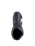 Alpinestars Honda Supertech R Boots, Motorcycle Racing Boots, Black Bright Red and Blue, top-down view showing the boot opening and microfiber construction, featuring protective TPU plates and a streamlined racing design