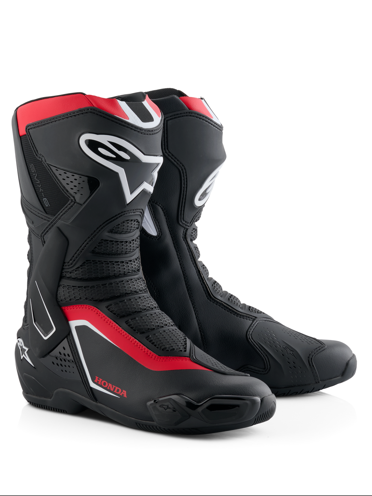 Alpinestars Honda SMX-6 V3 stövlar, prestandastövlar för motorcykel, svarta med klarröda och vita detaljer, TPU-skydd för skenben och fotled, ventilerade meshpaneler, aerodynamisk profil med Honda-logotyp