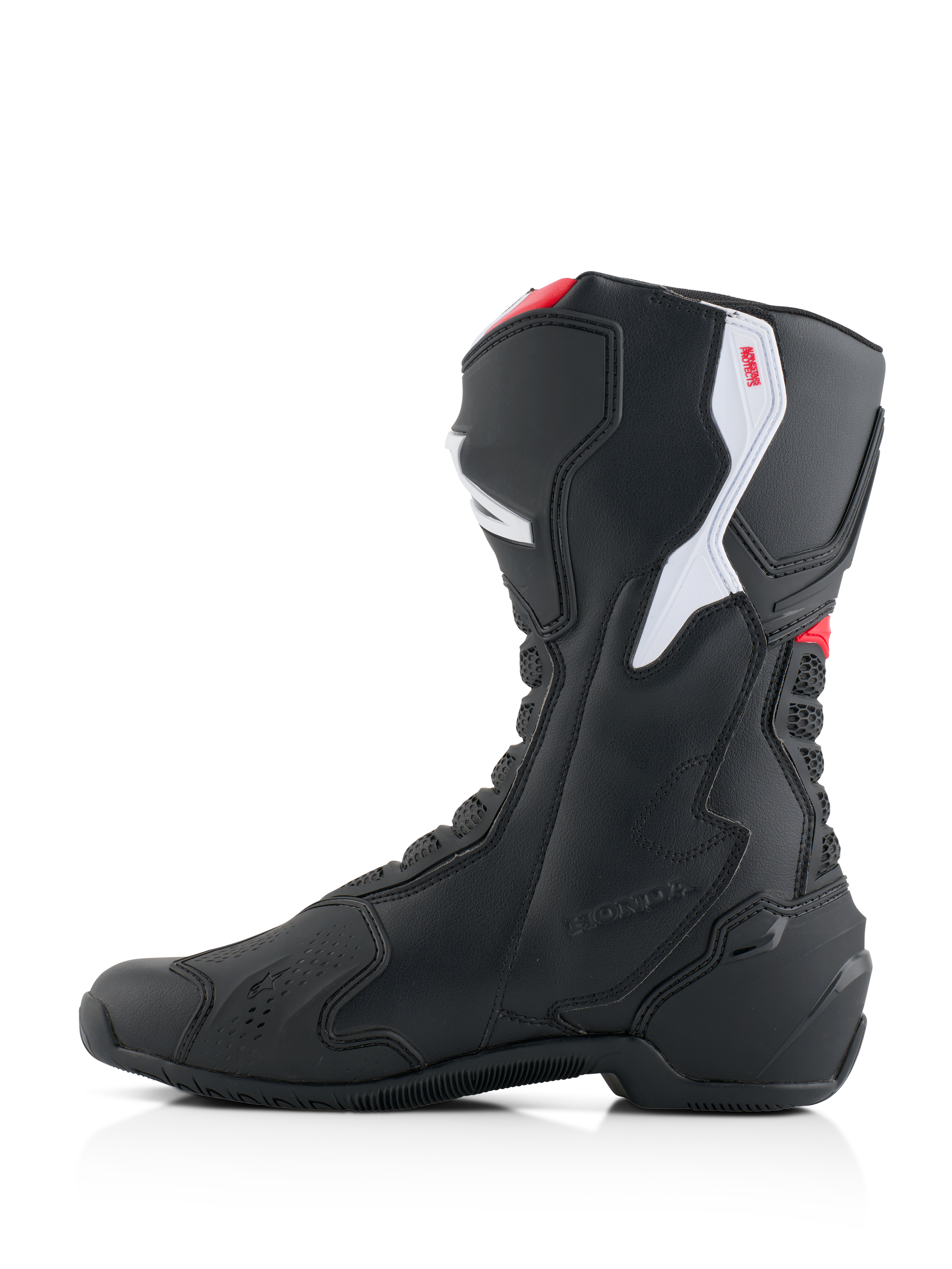 Alpinestars Honda SMX-6 V3 Boots, Performance Motorcycle Boots, Black with Bright Red and White accents, medial side profile, featuring durable microfiber construction, TPU protective panels, and embossed Honda branding.