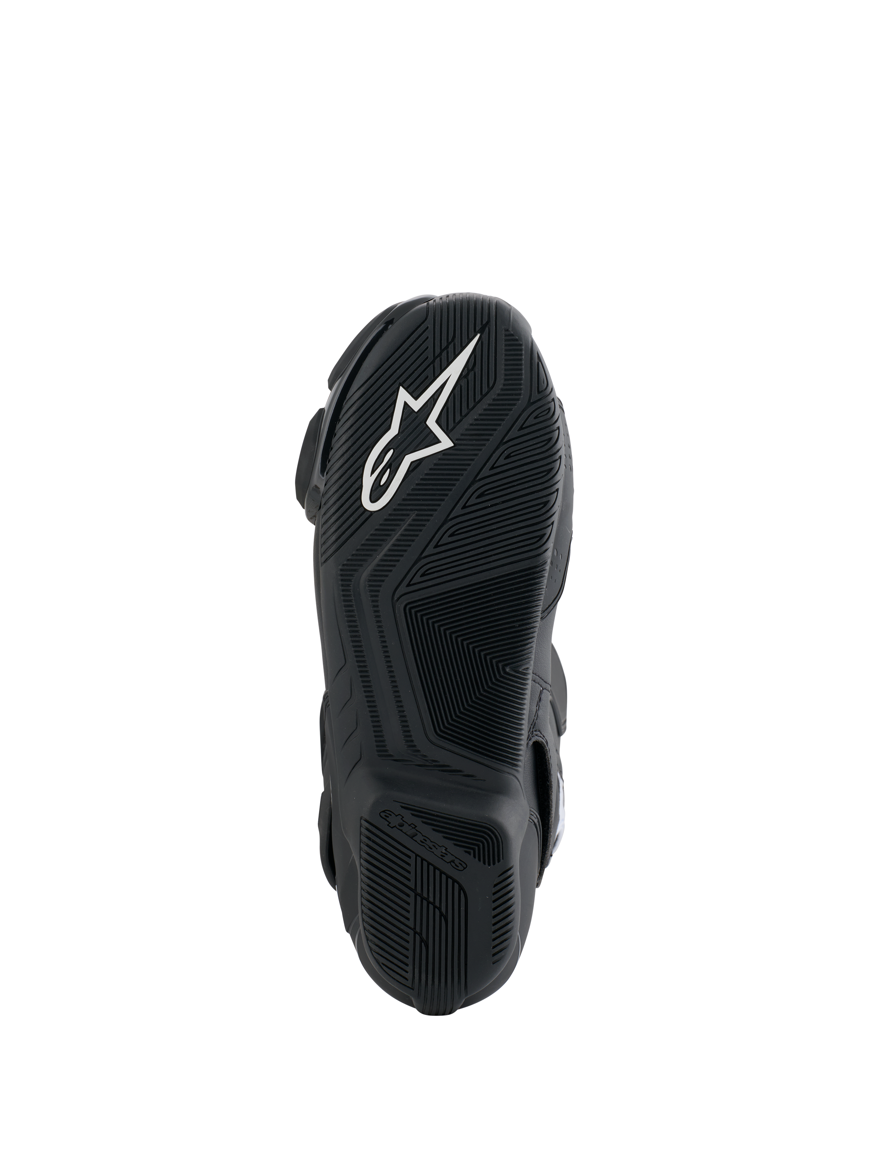 Alpinestars Honda SMX-6 V3 Boots, sole view, black rubber outsole with white Alpinestars logo, textured grip design for precision on motorcycle controls