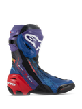 Alpinestars Supertech R LE Martinator R01 Vented Boots, high-performance racing motorcycle boots, vibrant blue purple and red colorway, featuring a perforated microfiber chassis, prominent white Alpinestars logo on the shin plate, and a reinforced red heel protector