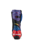Alpinestars Supertech R LE Martinator R01 Vented Boots, Racing Motorcycle Boots, Blue Purple Red and Black, Rear view featuring red heel protector with white Alpinestars logo, purple upper gaiter with adjustable buckle, and perforated microfiber for airflow.