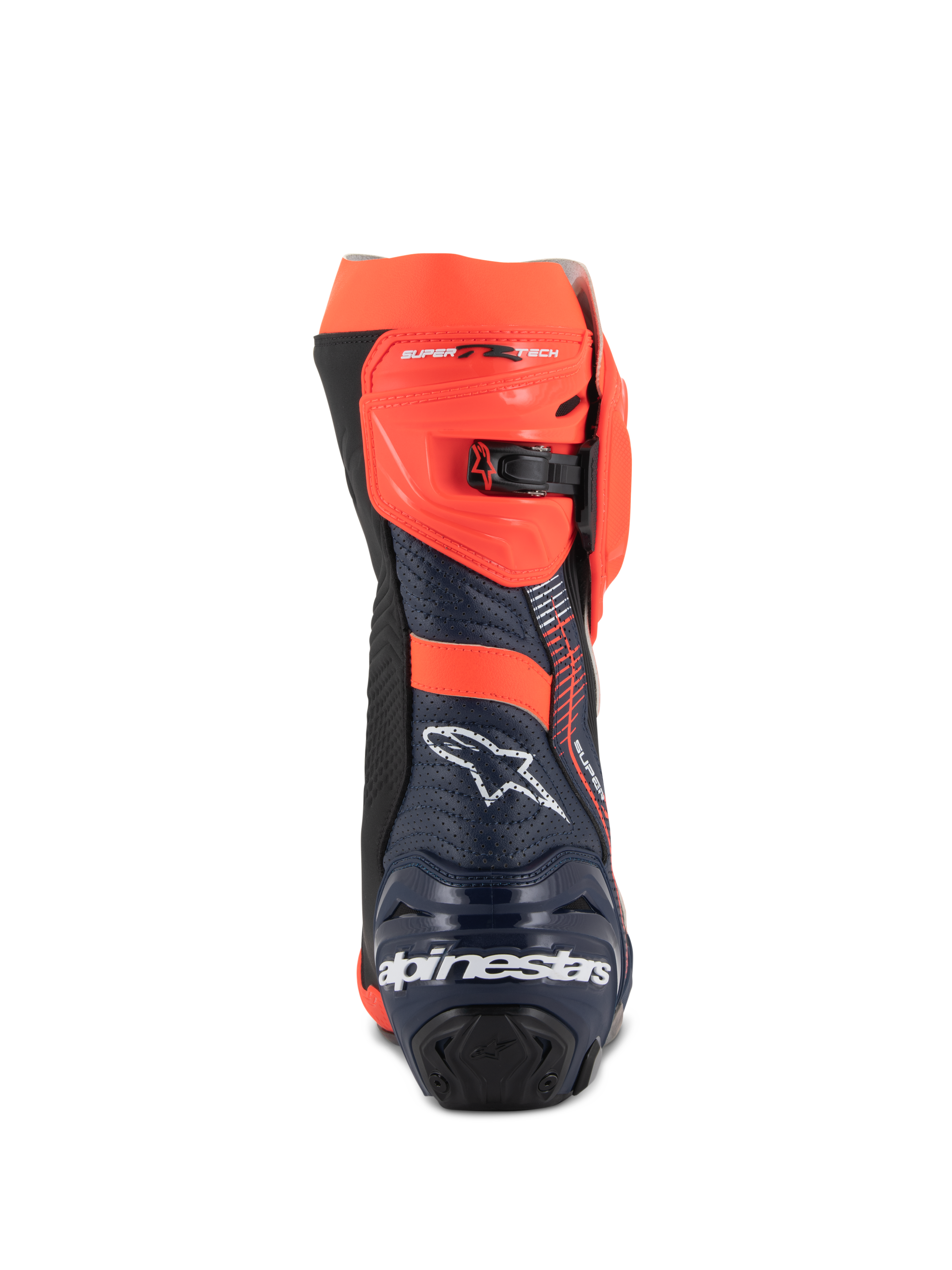 Alpinestars Supertech R Vented MM93 Replica Boots, Motorcycle Racing Boots, Red Fluo Dark Blue and Black, rear view featuring the white Alpinestars logo on the heel and red fluo adjustable ratchet closure, perforated microfiber design for high airflow