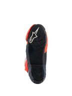 Alpinestars Supertech R Vented MM93 Replica Boots, sole view showing black rubber outsole with white star logo, textured grip pattern for footpegs, and red fluo and dark blue accents, racing performance footwear design