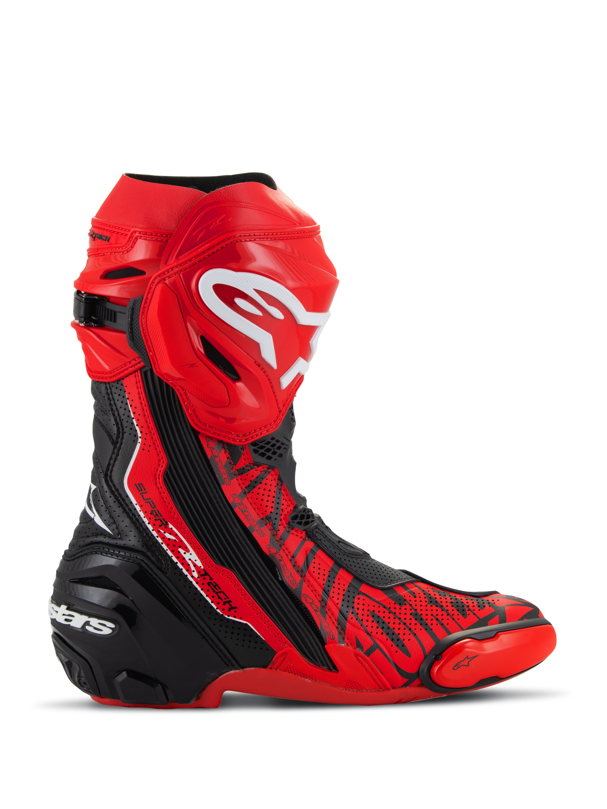 Alpinestars Supertech R LE Pecco Bagnaia Vented Boots, MotoGP-racingstövlar, röda med svarta och vita detaljer, med perforerad mikrofiberkonstruktion för luftflöde, röd TPU-skenbensplatta med vit logotyp, svart förstärkt häl och utbytbara tåsliders, professionell banfokuserad design