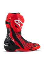 Alpinestars Supertech R LE Pecco Bagnaia Vented Boots, MotoGP Racing Boots, Red with Black and White accents, featuring perforated microfiber construction for airflow, red TPU shin plate with white logo, black reinforced heel, and replaceable toe sliders, professional track-focused design