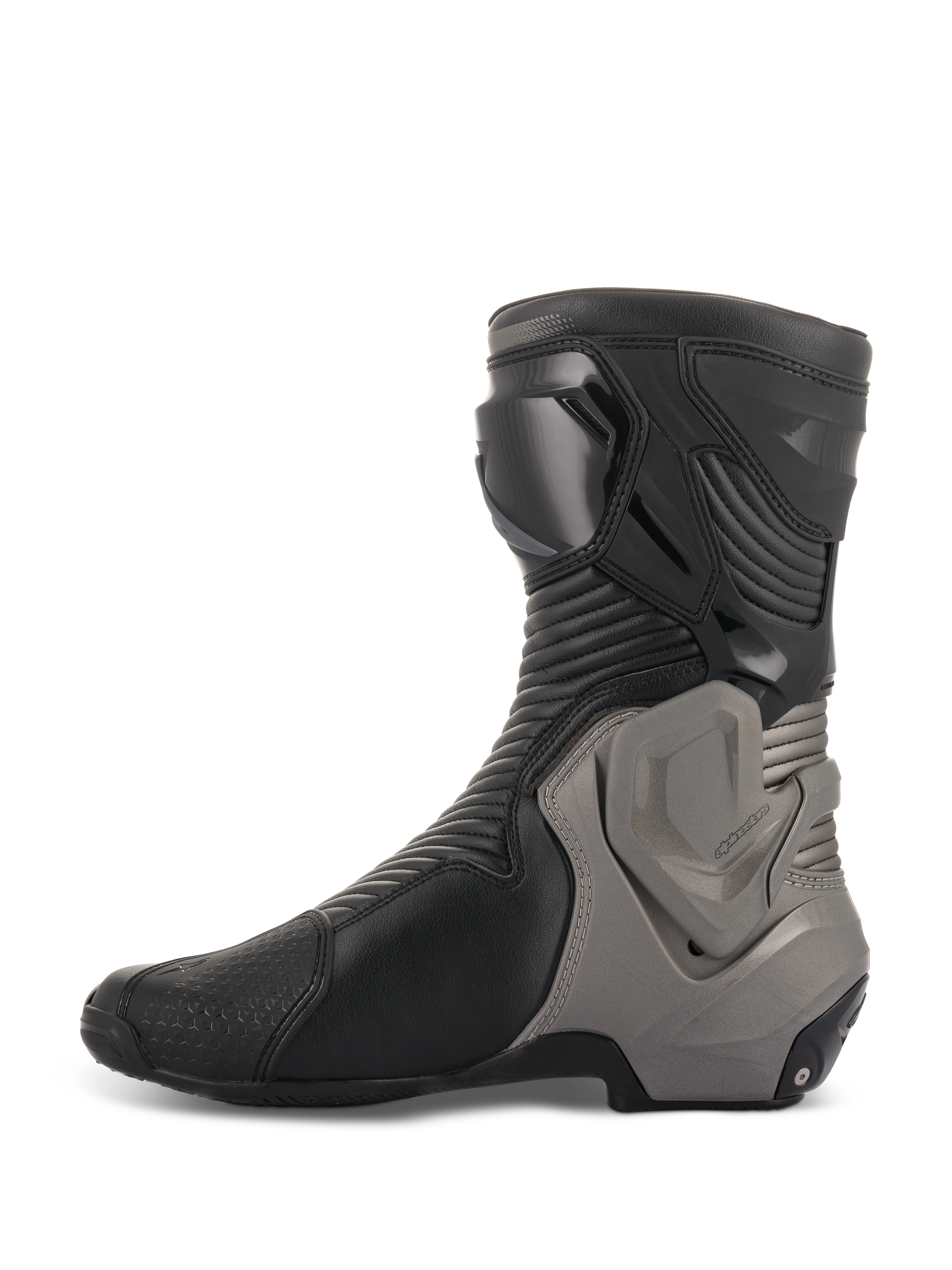 Alpinestars SMX Plus V2 Boots, Motorcycle Racing Boots, Black and Dark Gray, side profile showing microfiber upper with accordion flex panels and gray Multi-Link Control ankle protection system