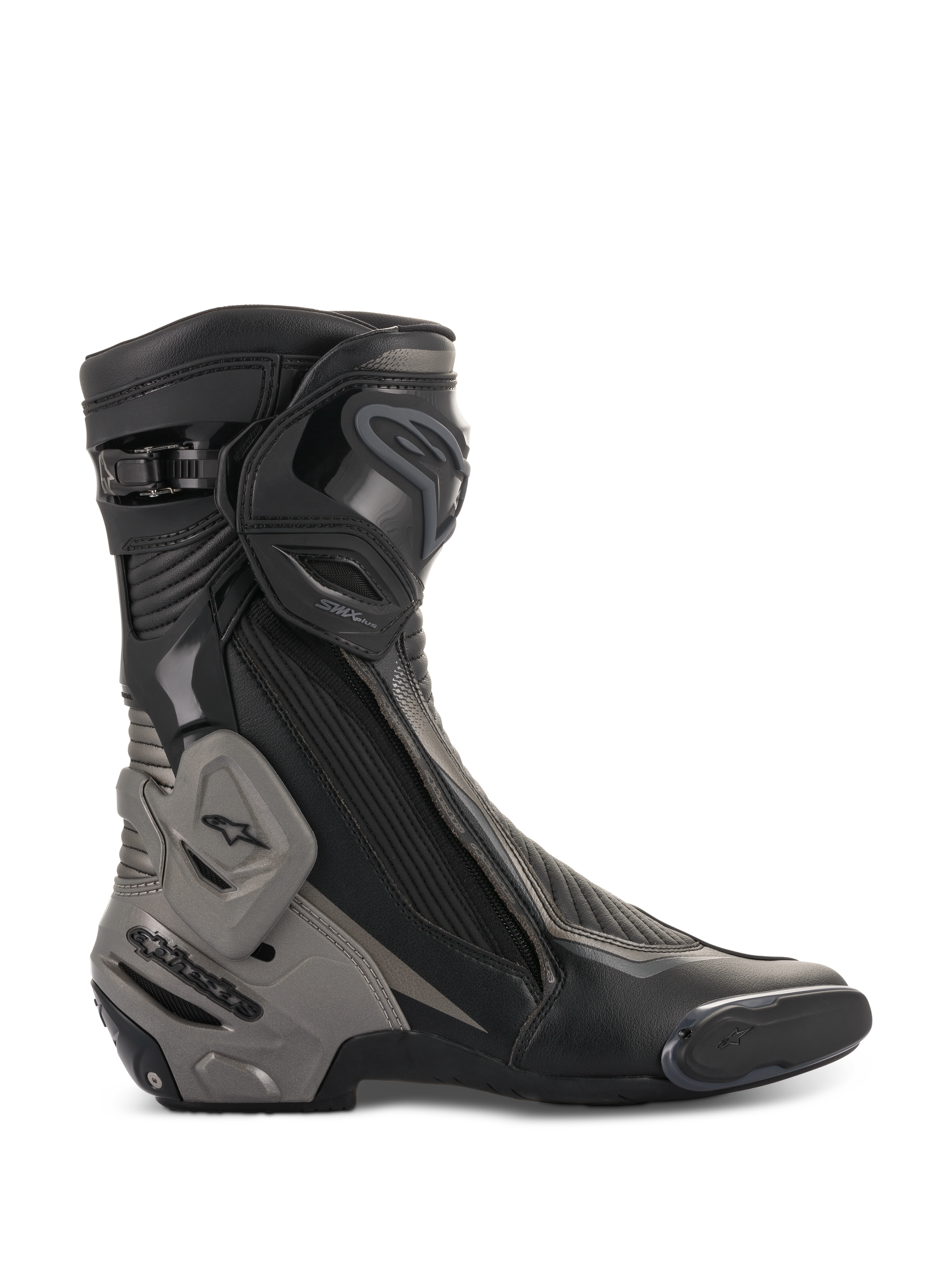 Alpinestars SMX Plus V2 Boots, Motorcycle Racing Boots, Black and Dark Gray, side profile showing advanced TPU shin plate and heel counter, Multi-Link Control system, flexible accordion zones, lateral zipper closure, and aerodynamic microfiber construction for performance riding