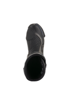 Alpinestars SMX Plus V2 Boots, Black and Dark Gray, top-down view of a single motorcycle racing boot, featuring textured shifter pad, accordion flex zones, and open top design, sleek performance footwear for road riding