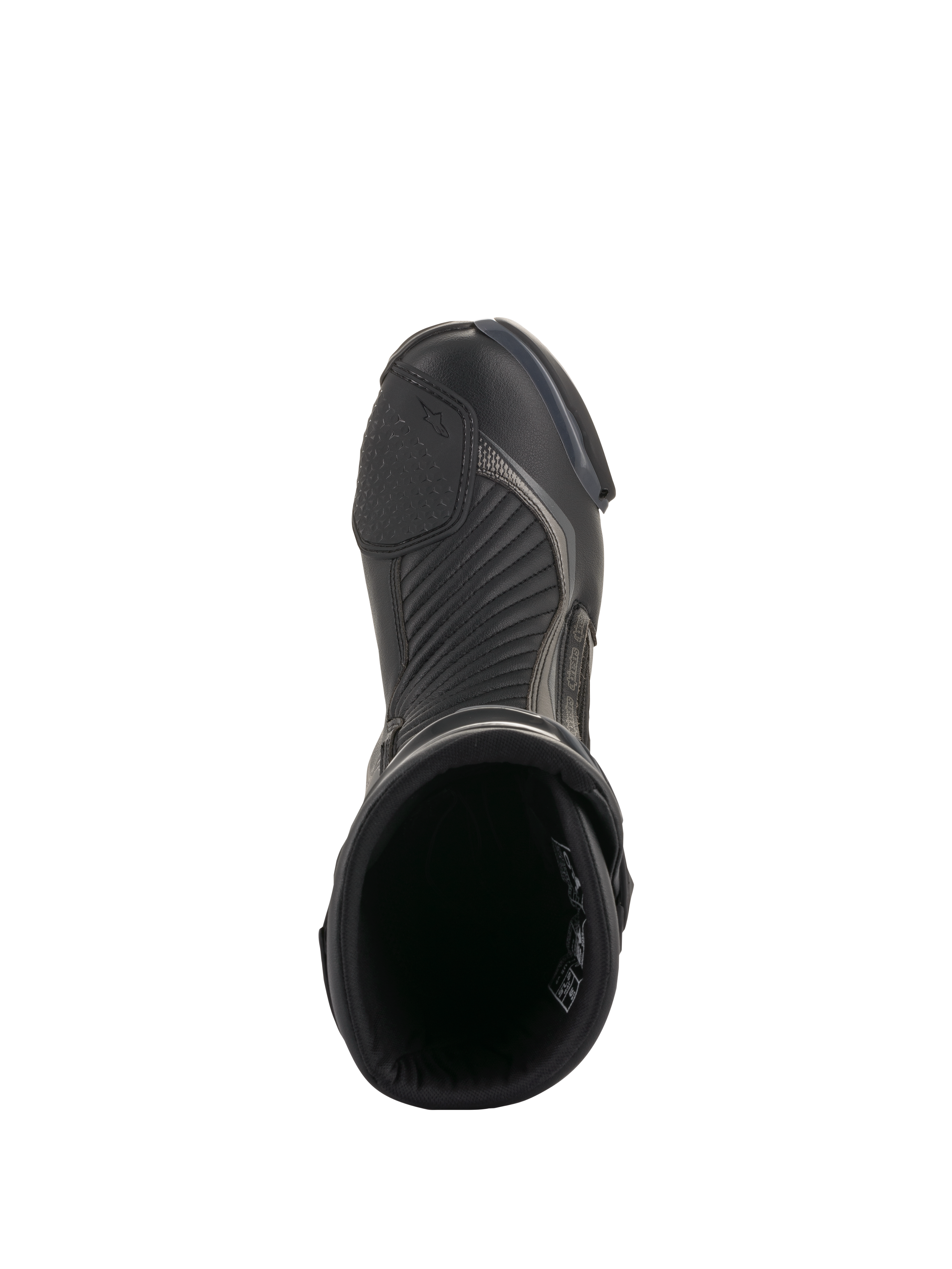 Alpinestars SMX Plus V2 Boots, Black and Dark Gray, top-down view of a single motorcycle racing boot, featuring textured shifter pad, accordion flex zones, and open top design, sleek performance footwear for road riding
