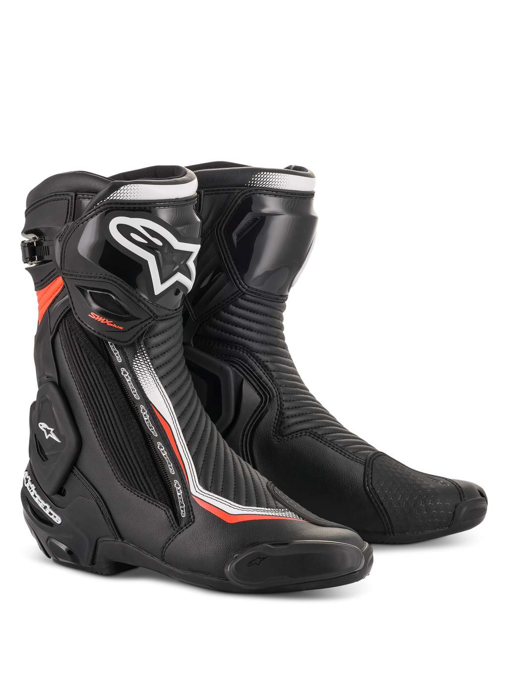 Alpinestars SMX Plus V2 motorcycle racing boots in black and red fluorescent with advanced TPU protection.