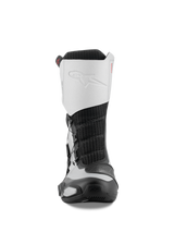 Alpinestars SP-X BOA-stövlar, vy framifrån, svart och silver, mellanhöga sportmotorcykelstövlar med vit ovandel i mikrofiber med präglad logotyp, svart mesh-parti och skyddande TPU-komponenter