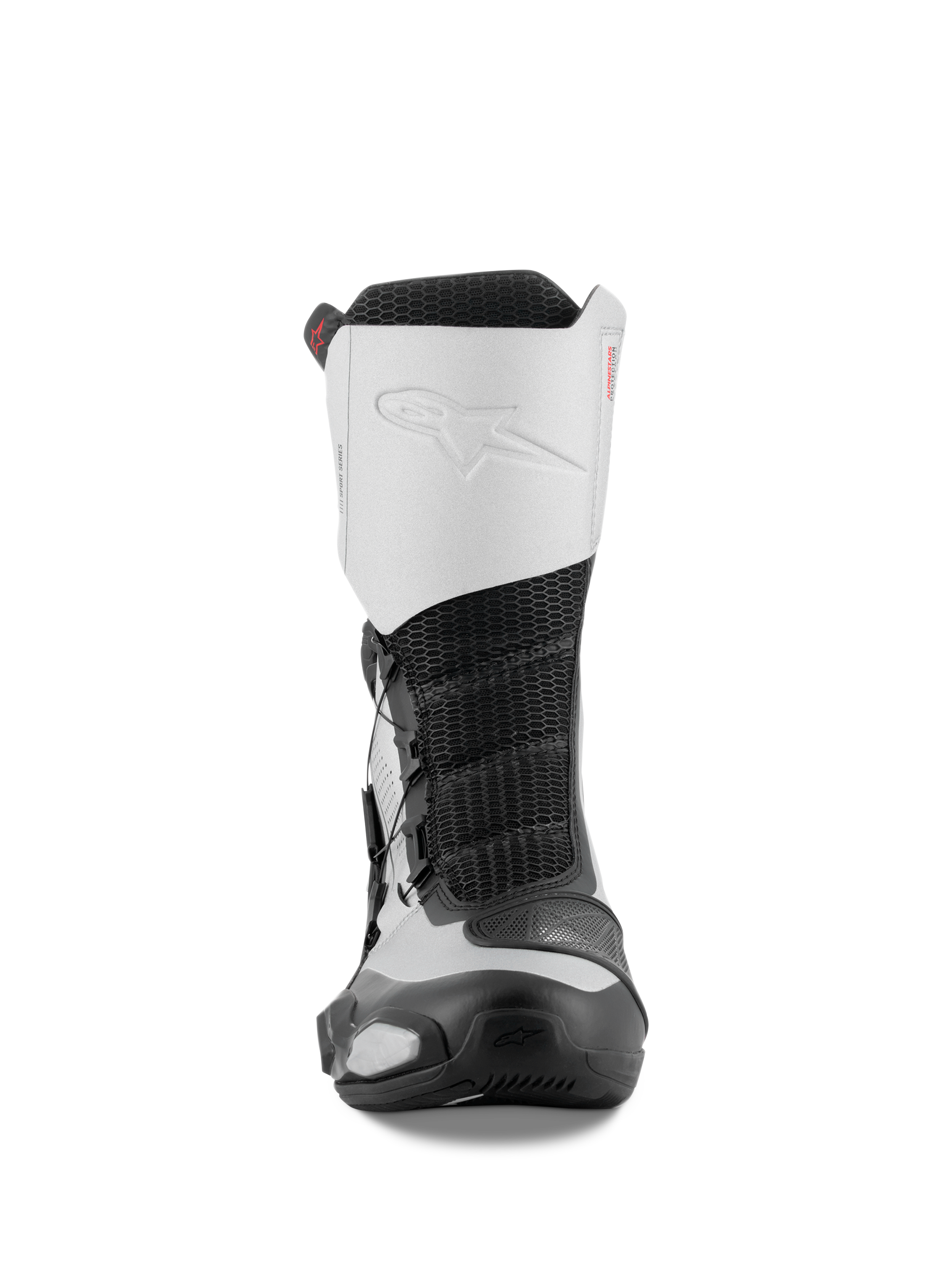 Alpinestars SP-X BOA Boots, front view, Black and Silver, mid-height sport motorcycle boots featuring a white microfiber upper with embossed logo, black mesh center, and protective TPU components