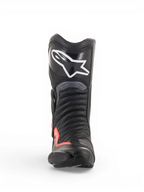 Alpinestars SMX-6 V2 Vented Boots, black and gray motorcycle racing boot with red fluorescent accents, front view showing a perforated upper, shin protection and toe slider