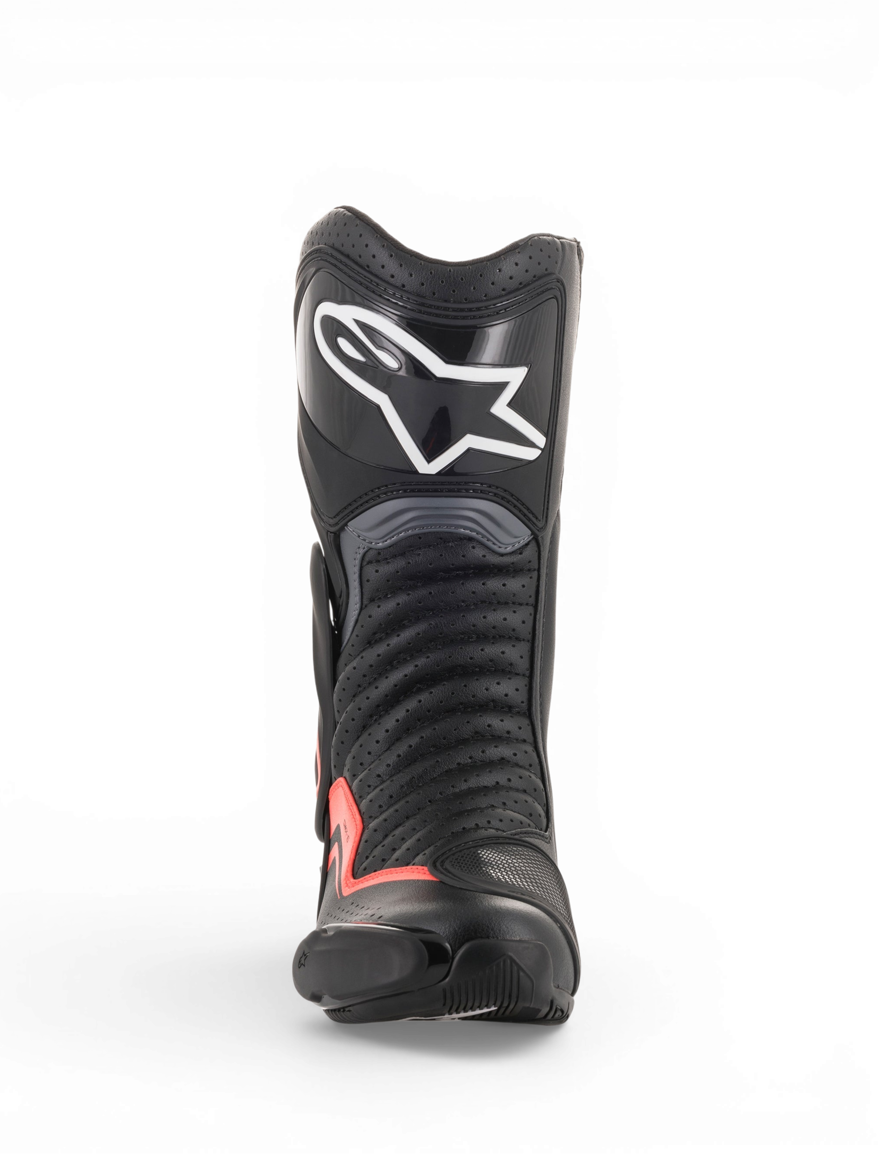 Alpinestars SMX-6 V2 Vented Boots, black and gray motorcycle racing boot with red fluorescent accents, front view showing a perforated upper, shin protection and toe slider