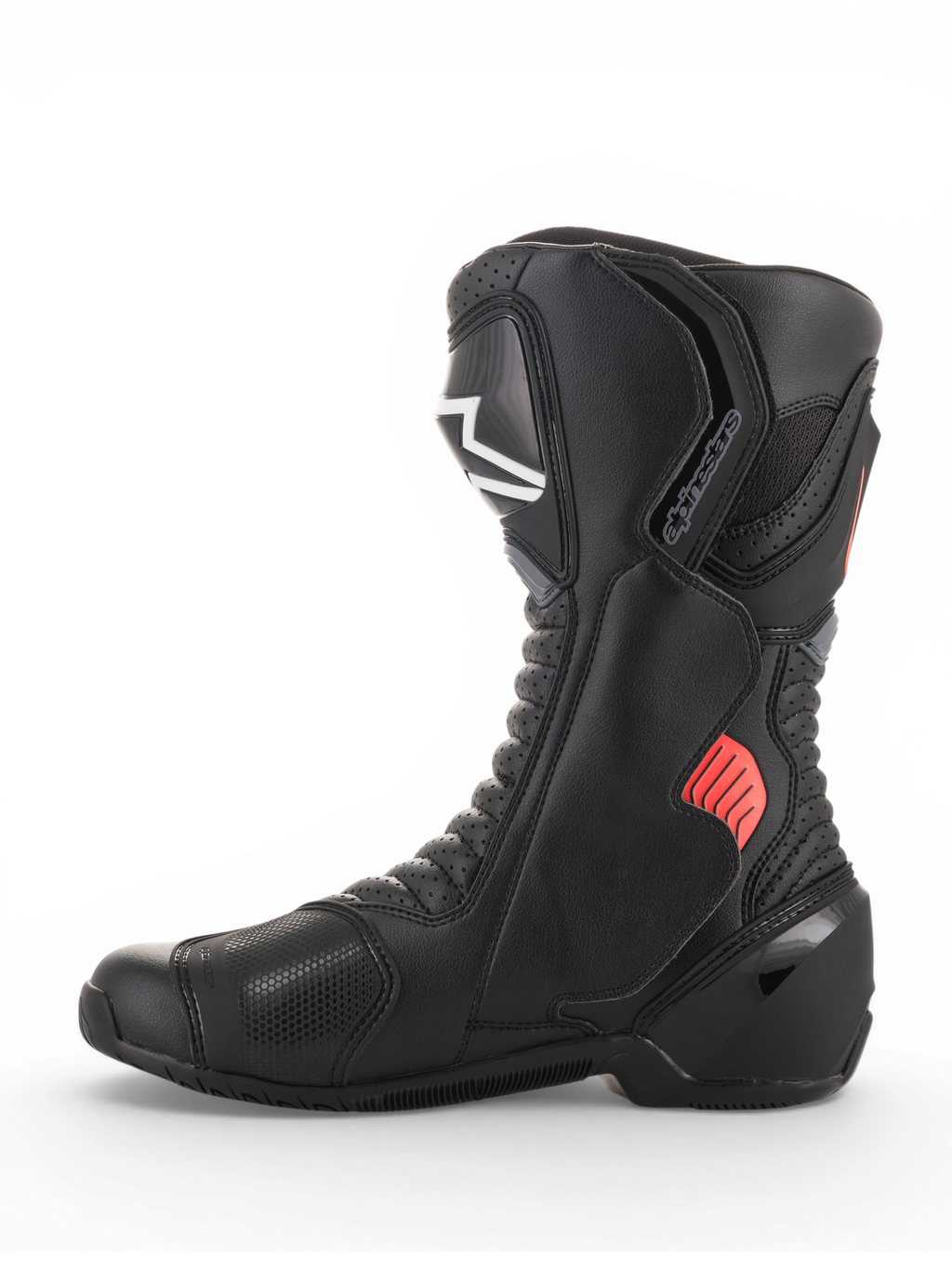 Alpinestars SMX-6 V2 Vented Boots, black motorcycle racing boot with gray and fluorescent red details, breathable mesh panels and protective ankle and shin guards