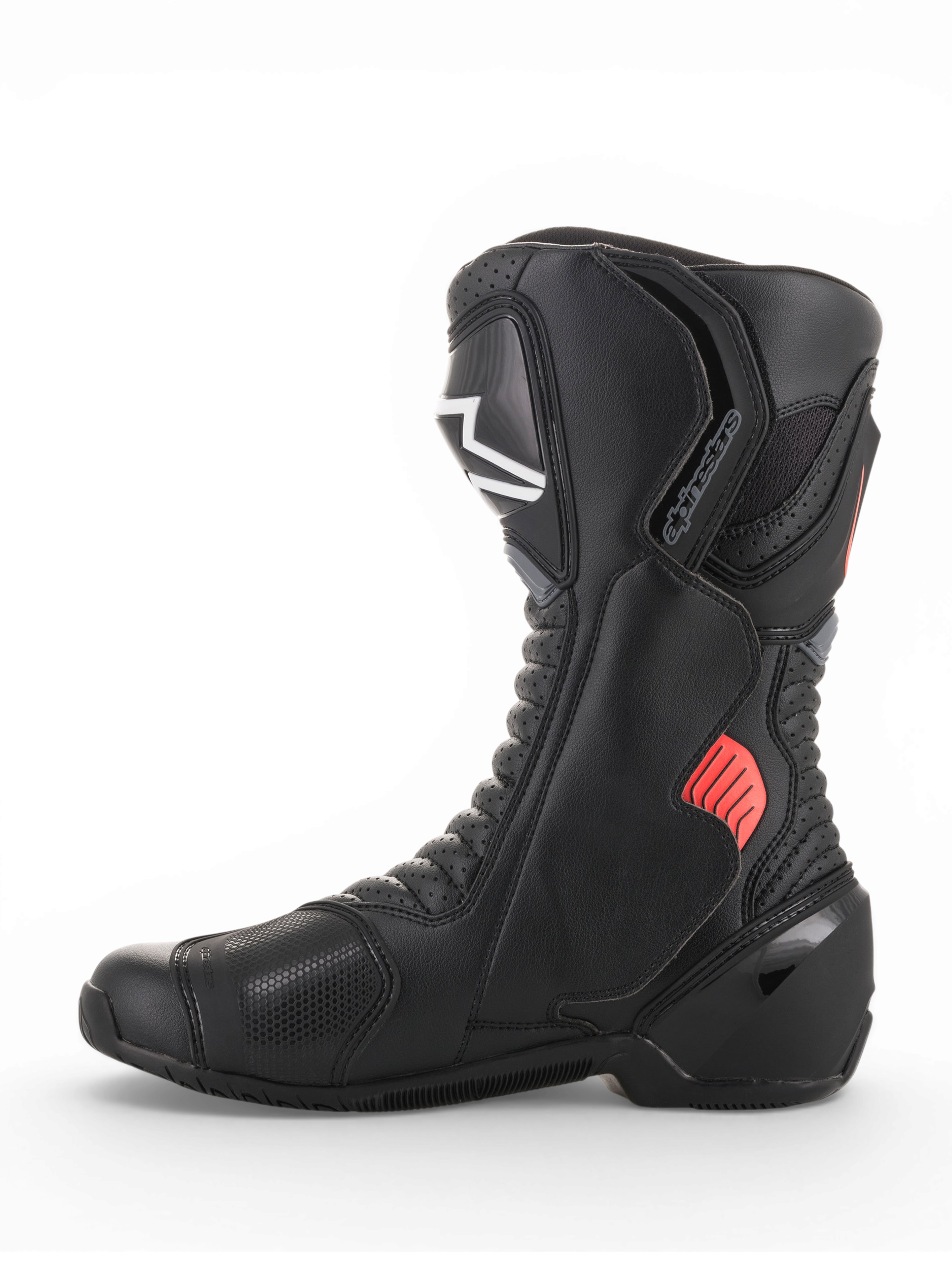 Alpinestars SMX-6 V2 Vented Boots, black motorcycle racing boot with gray and fluorescent red details, breathable mesh panels and protective ankle and shin guards