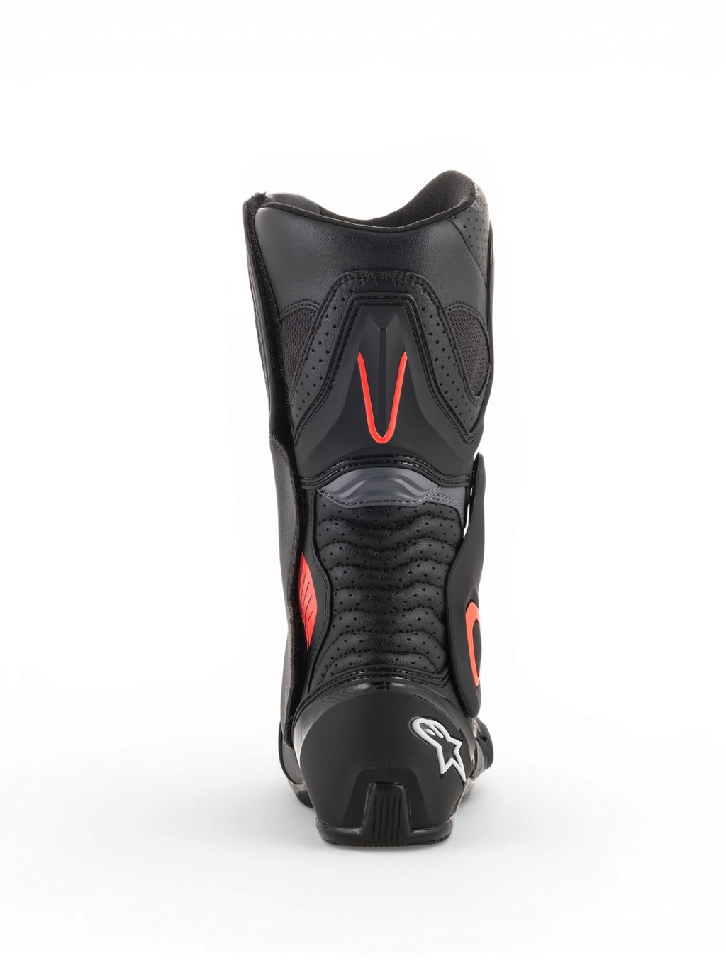 Alpinestars SMX-6 V2 Vented Boots, men’s motorcycle racing boots in black and gray with fluorescent red accents, rear view showing perforated ventilation panels and protective heel