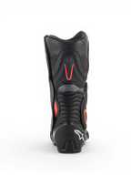Alpinestars SMX-6 V2 Vented Boots, men’s motorcycle racing boots in black and gray with fluorescent red accents, rear view showing perforated ventilation panels and protective heel