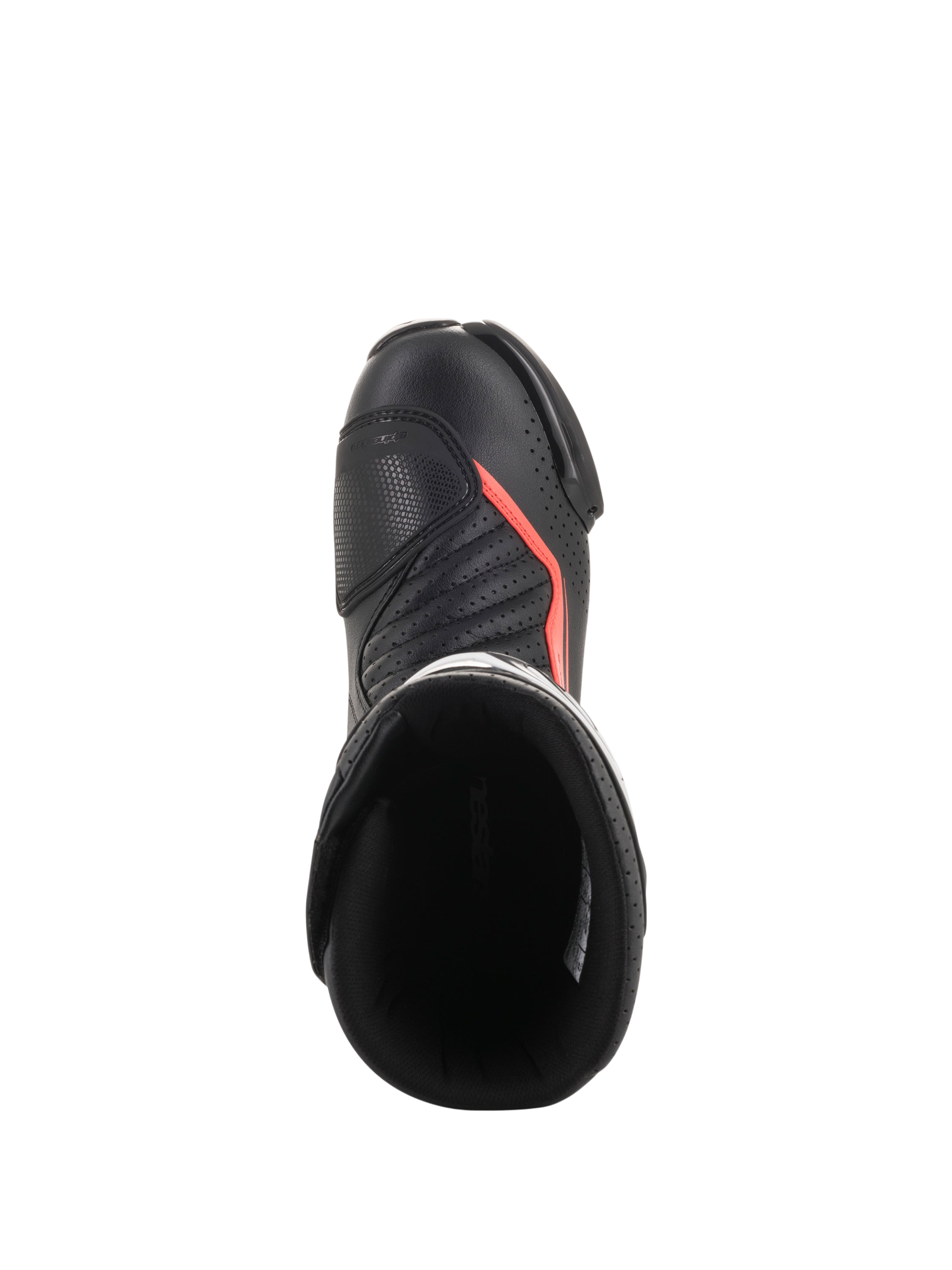 Alpinestars SMX-6 V2 Vented Boots, black motorcycle racing boot with fluorescent red accents, top view showing perforated upper, ankle protection and boot opening