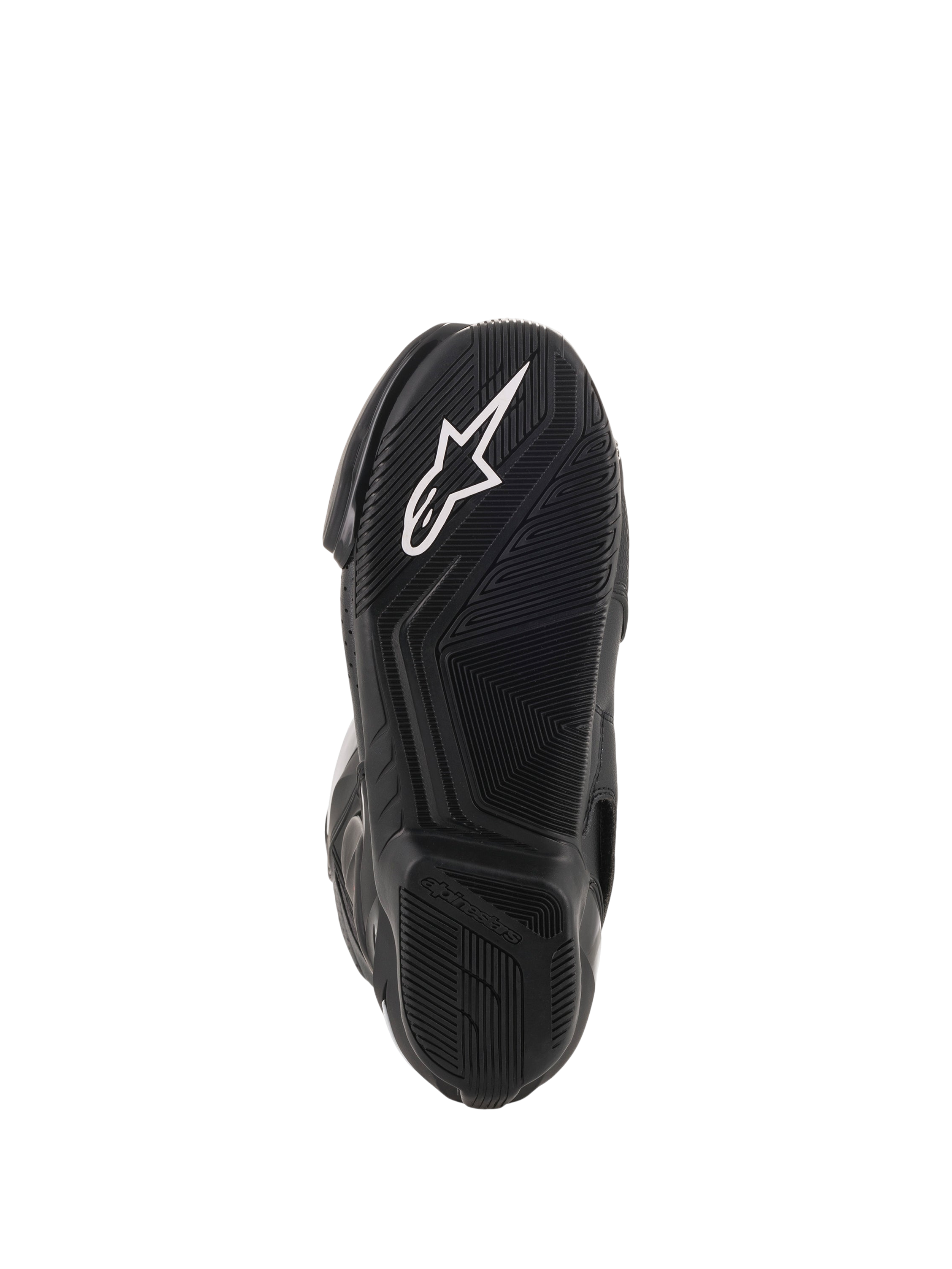 Alpinestars SMX-6 V2 Vented Boots, black motorcycle racing boots, close-up of textured rubber outsole with white Alpinestars logo