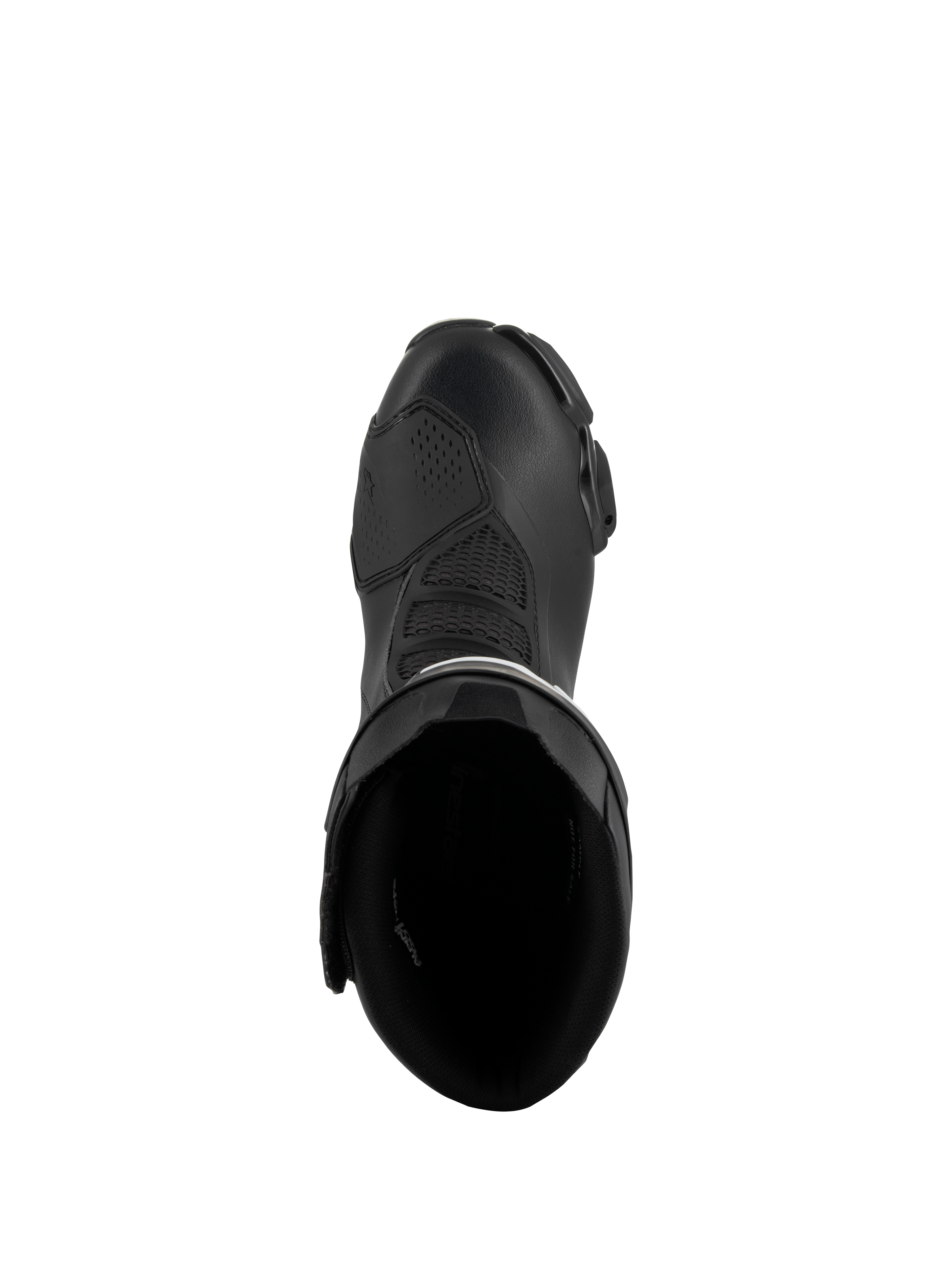Alpinestars SMX-6 V3 Boots, Black, top-down view showing the interior opening and upper construction, performance motorcycle footwear featuring microfiber materials and mesh flex zones