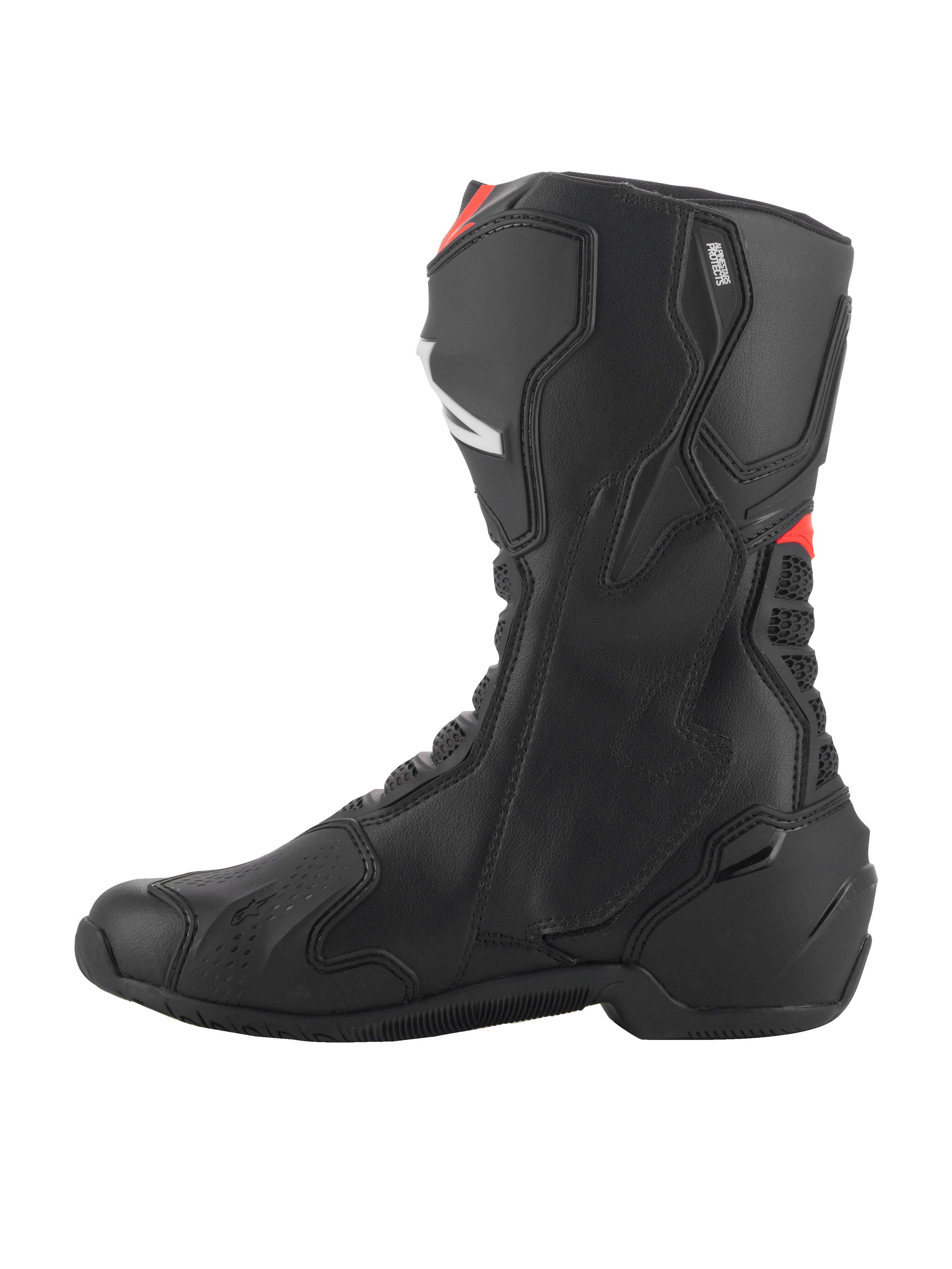Alpinestars SMX-6 V3 Boots, Motorcycle Performance Boots, Black with Red Fluo accents, side profile view highlighting the microfiber construction, TPU protective panels, and sleek ergonomic design for track and street riding