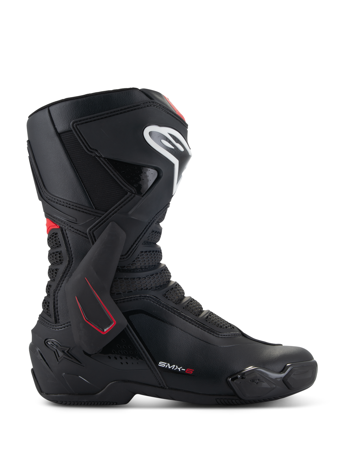 Alpinestars SMX-6 V3-stövlar, racingstövlar för motorcykel, svarta med vita och röda detaljer, sidovy med TPU-vriststöd, vit logotyp på skenbenet och texturerade flexzoner i mesh, sportig aerodynamisk design