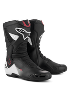Alpinestars SMX-6 V3 Boots, Performance Motorcycle Riding Boots, Black White Red Graphic, featuring advanced microfiber upper, TPU ankle brace system, mesh flexion zones, and prominent Alpinestars branding on the calf and heel.