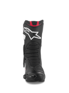 Alpinestars SMX-6 V3 Boots, Performance Riding Boots, Black White Red Graphic, front view featuring a large white Astar logo on the shin, red accents at the top, and mesh-textured flex zones for track and street riding.