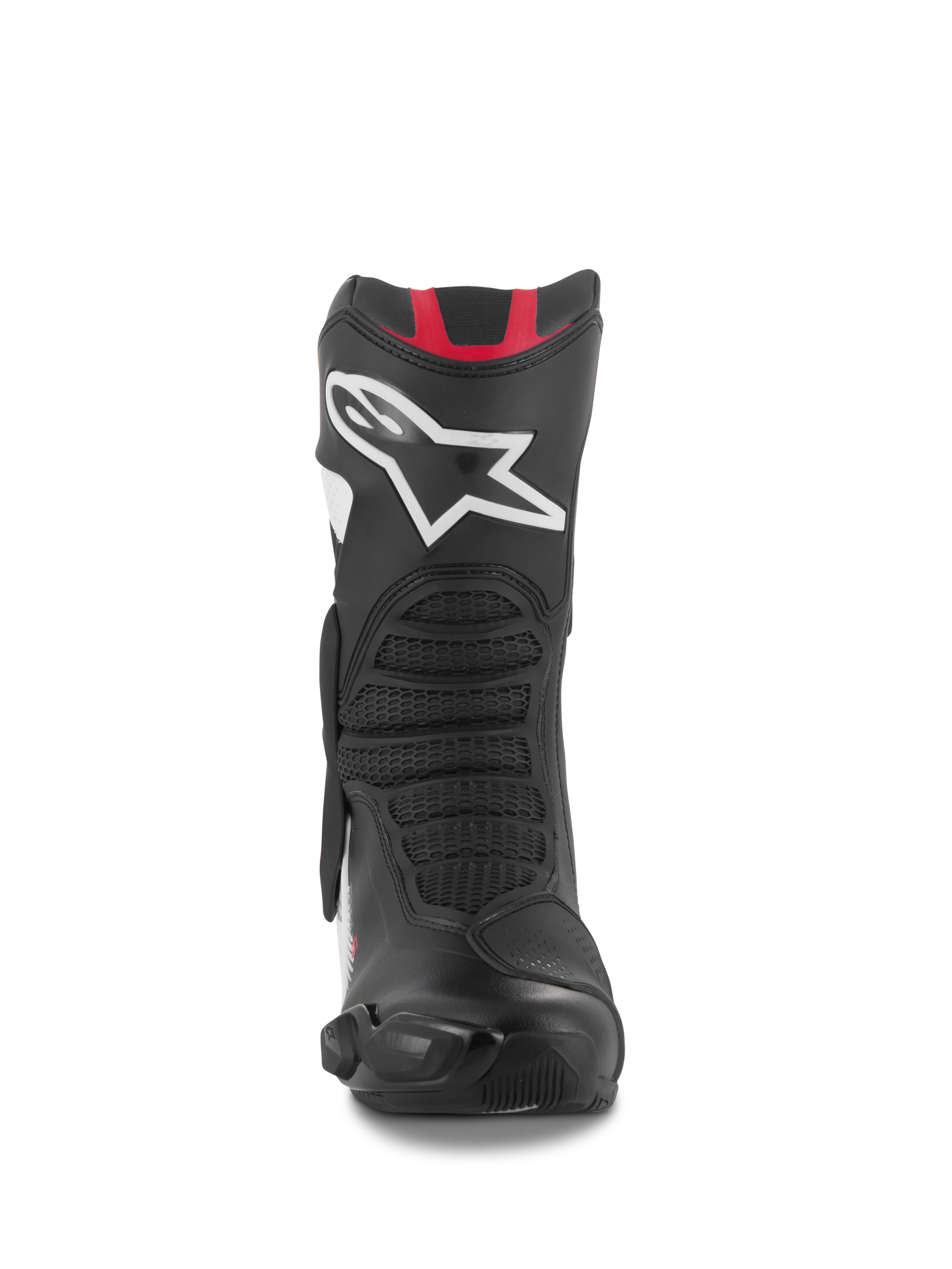 Alpinestars SMX-6 V3 Boots, Performance Riding Boots, Black White Red Graphic, front view featuring a large white Astar logo on the shin, red accents at the top, and mesh-textured flex zones for track and street riding.