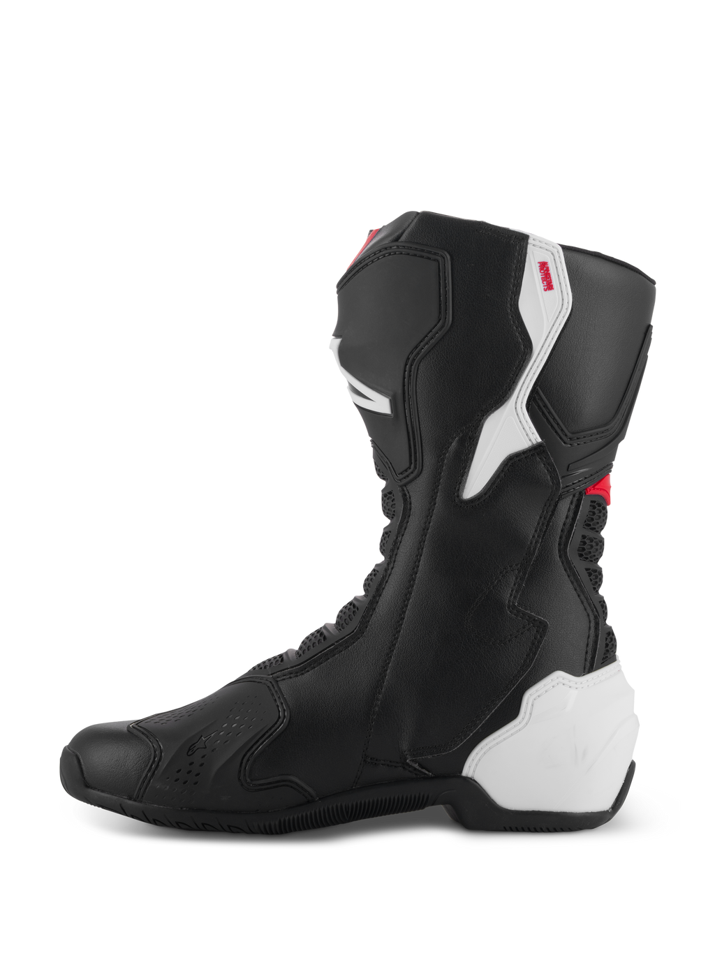 Alpinestars SMX-6 V3 Boots, Performance Riding Boots, Black White Red Graphic, medial side view, black microfiber construction with white TPU protective panels on the heel and calf, red accents, and flexible accordion zones for enhanced mobility and protection.