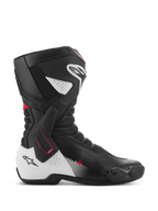 Alpinestars SMX-6 V3 Boots, Performance Motorcycle Racing Boots, Black White and Red, side profile featuring TPU lateral ankle brace, reinforced shin and heel protection, perforated mesh flex zones, and replaceable toe sliders for track and street riding