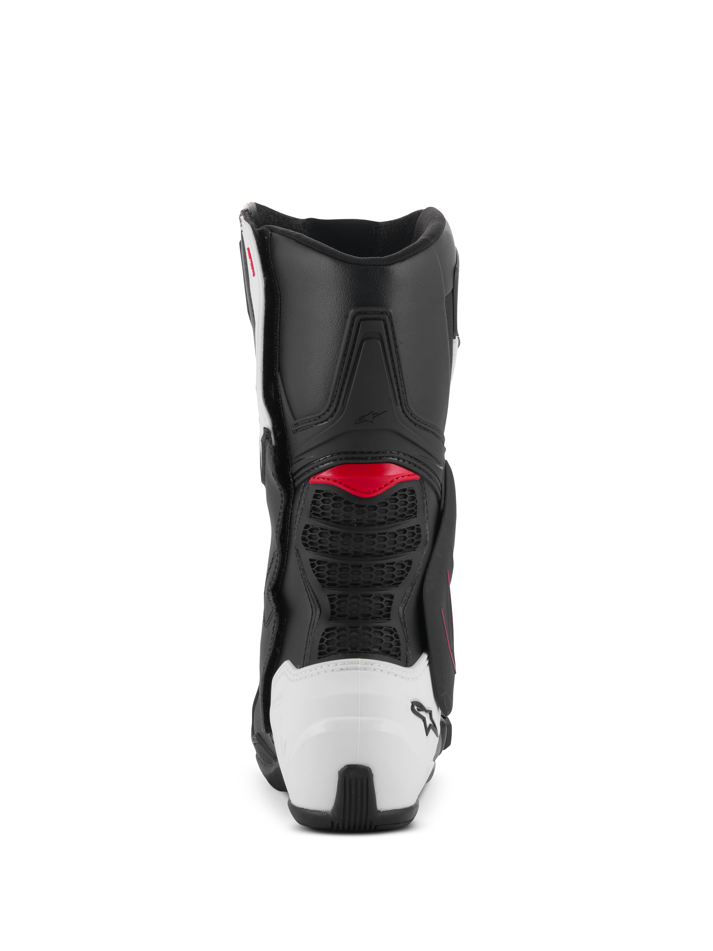 Alpinestars SMX-6 V3 Boots, Performance Riding Boots, Black White and Red Graphic, rear view featuring white TPU heel counter and red accents, designed for motorcycle track and street performance